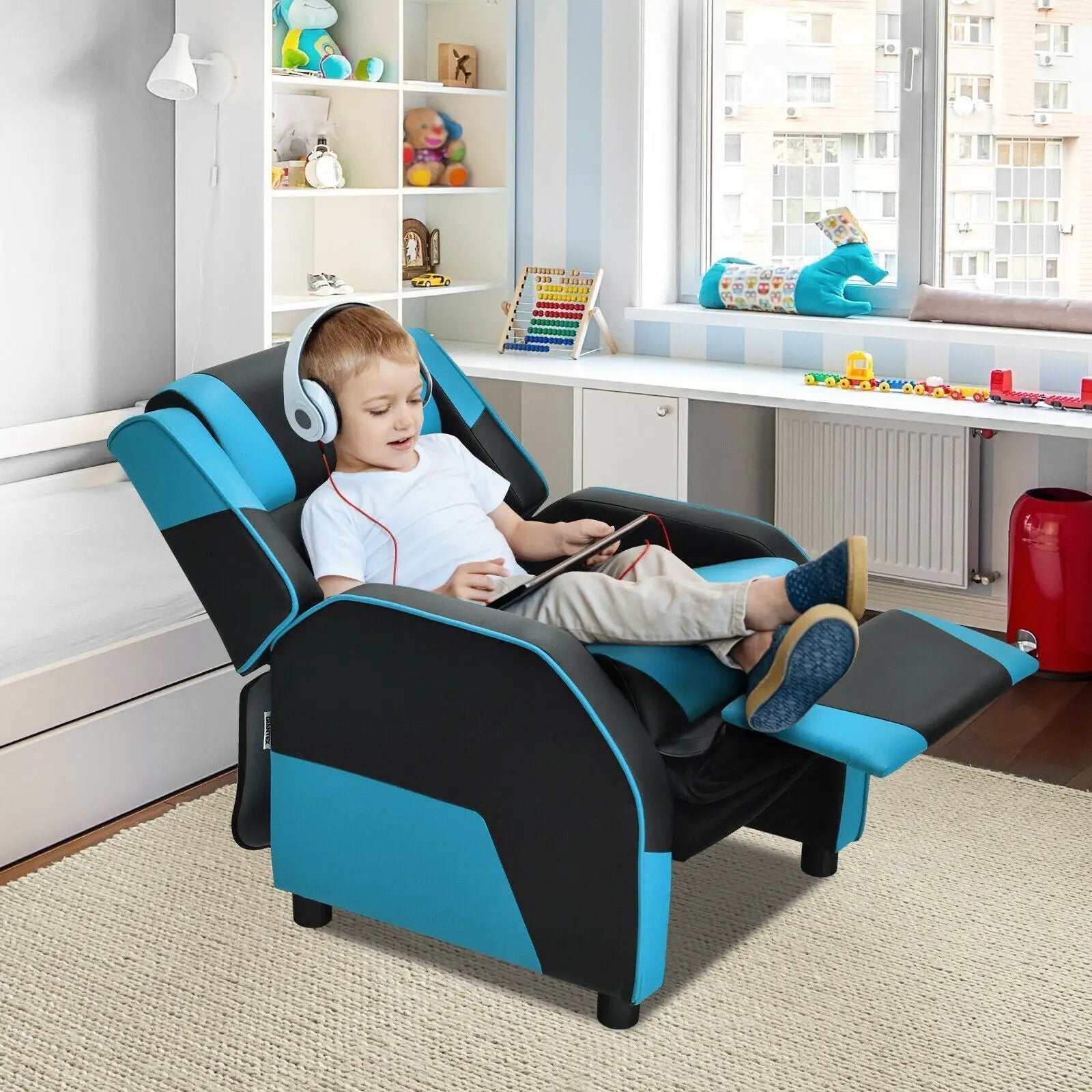 Kids Youth PU Leather Gaming Sofa Recliner with Headrest and Footrest by DirectDeals