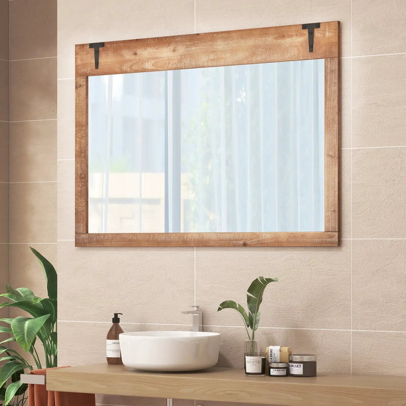 39 x 27.5 Inch Farmhouse Rustic Barn Door Wall Mirror with Wood Frame-Natural by DirectDeals