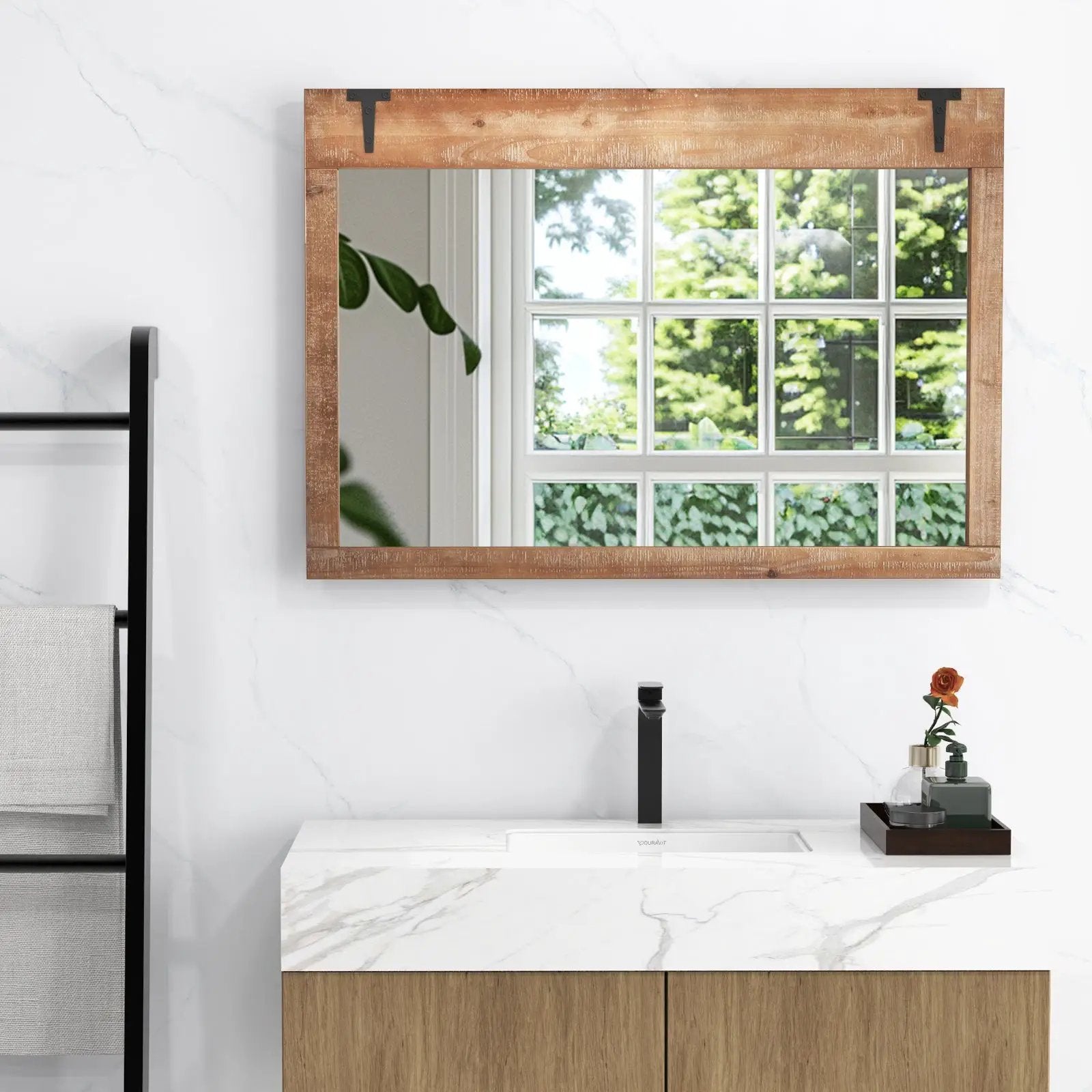39 x 27.5 Inch Farmhouse Rustic Barn Door Wall Mirror with Wood Frame-Natural by DirectDeals
