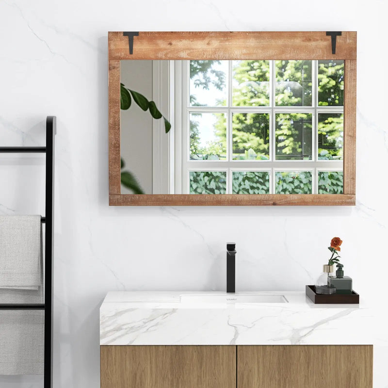 39 x 27.5 Inch Farmhouse Rustic Barn Door Wall Mirror with Wood Frame-Natural by DirectDeals