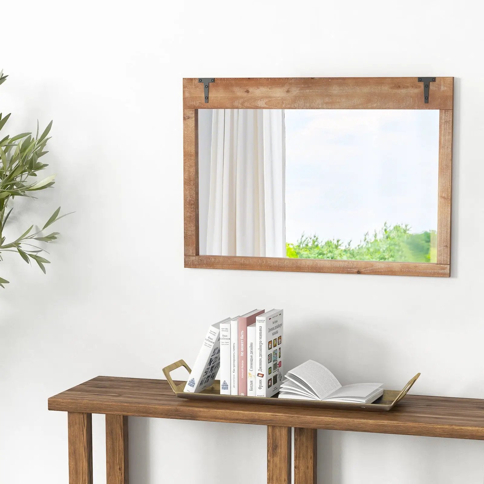 39 x 27.5 Inch Farmhouse Rustic Barn Door Wall Mirror with Wood Frame-Natural by DirectDeals