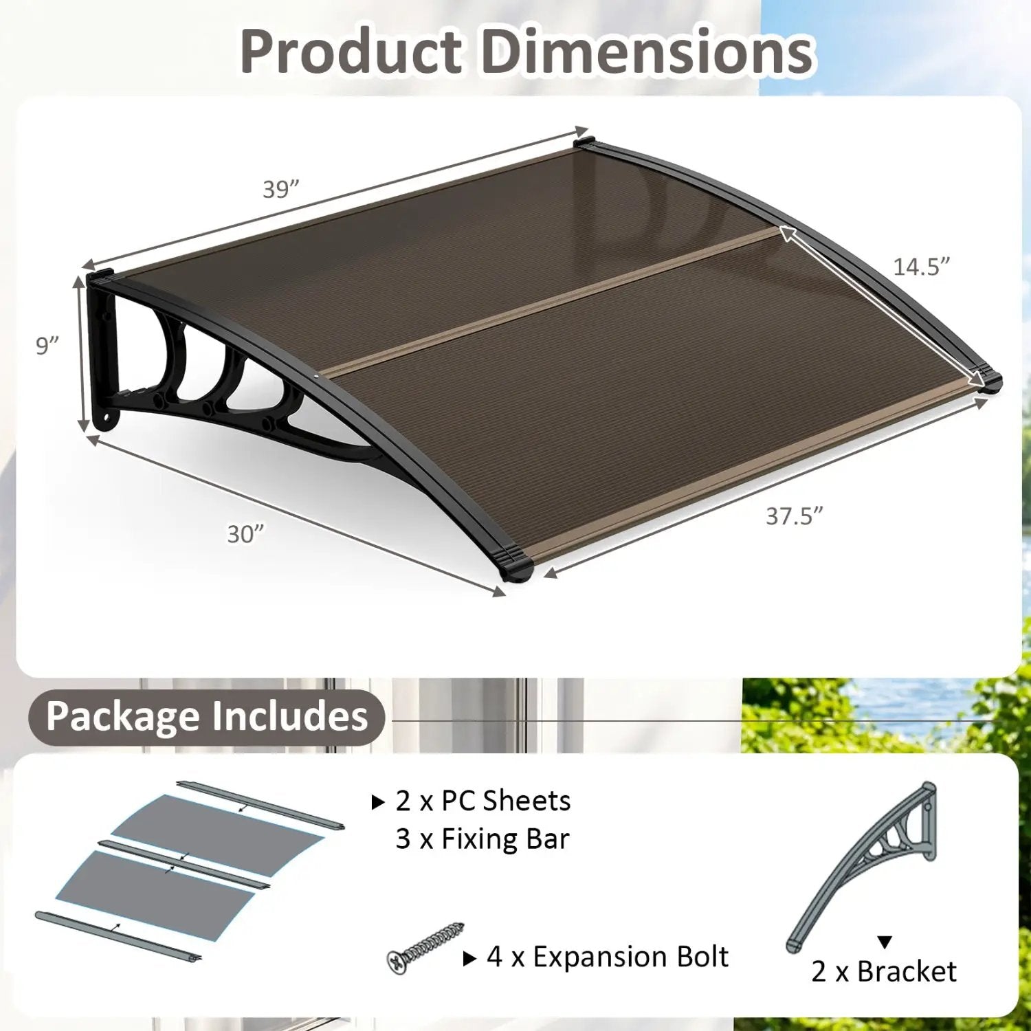 Door Awning 39x30 Inch Polycarbonate Window Canopy by DirectDeals
