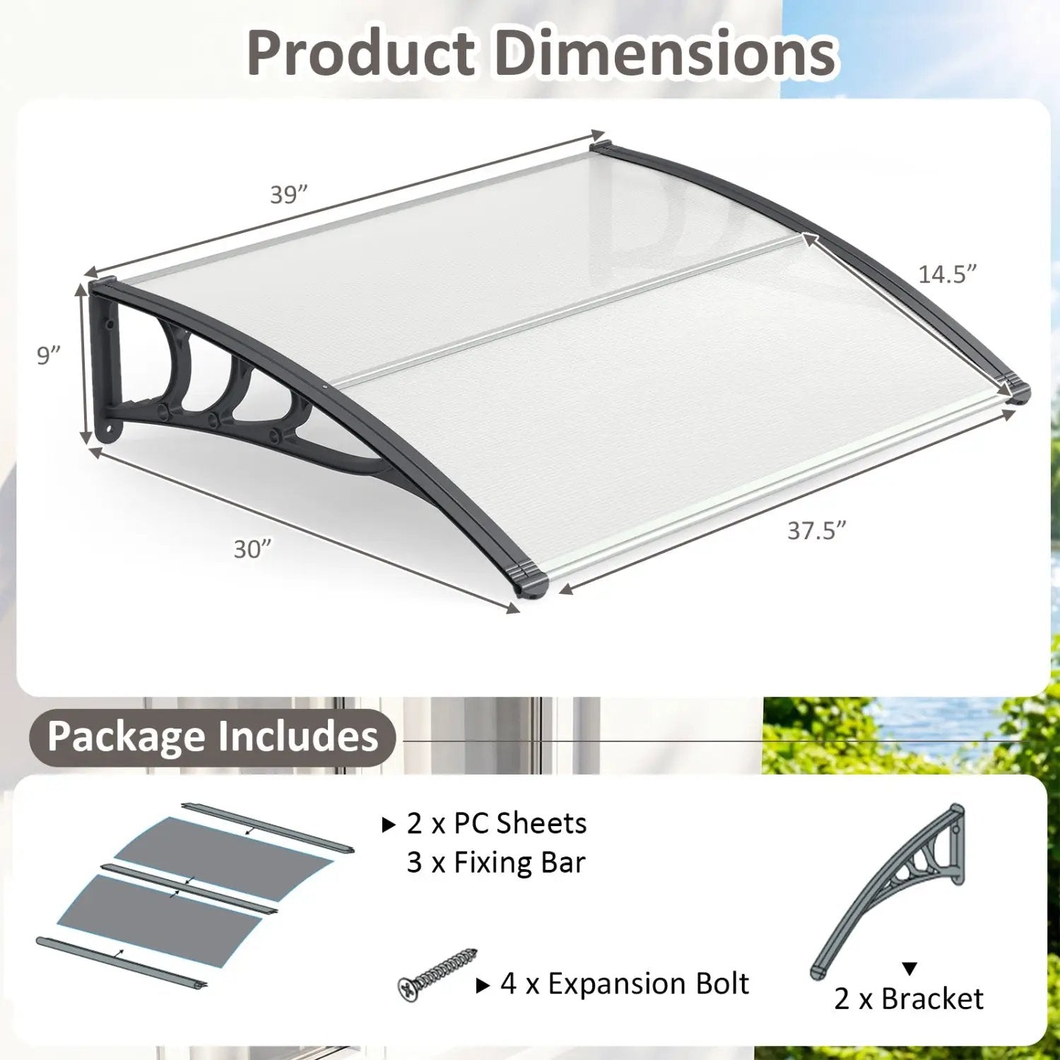 Door Awning 39x30 Inch Polycarbonate Window Canopy by DirectDeals