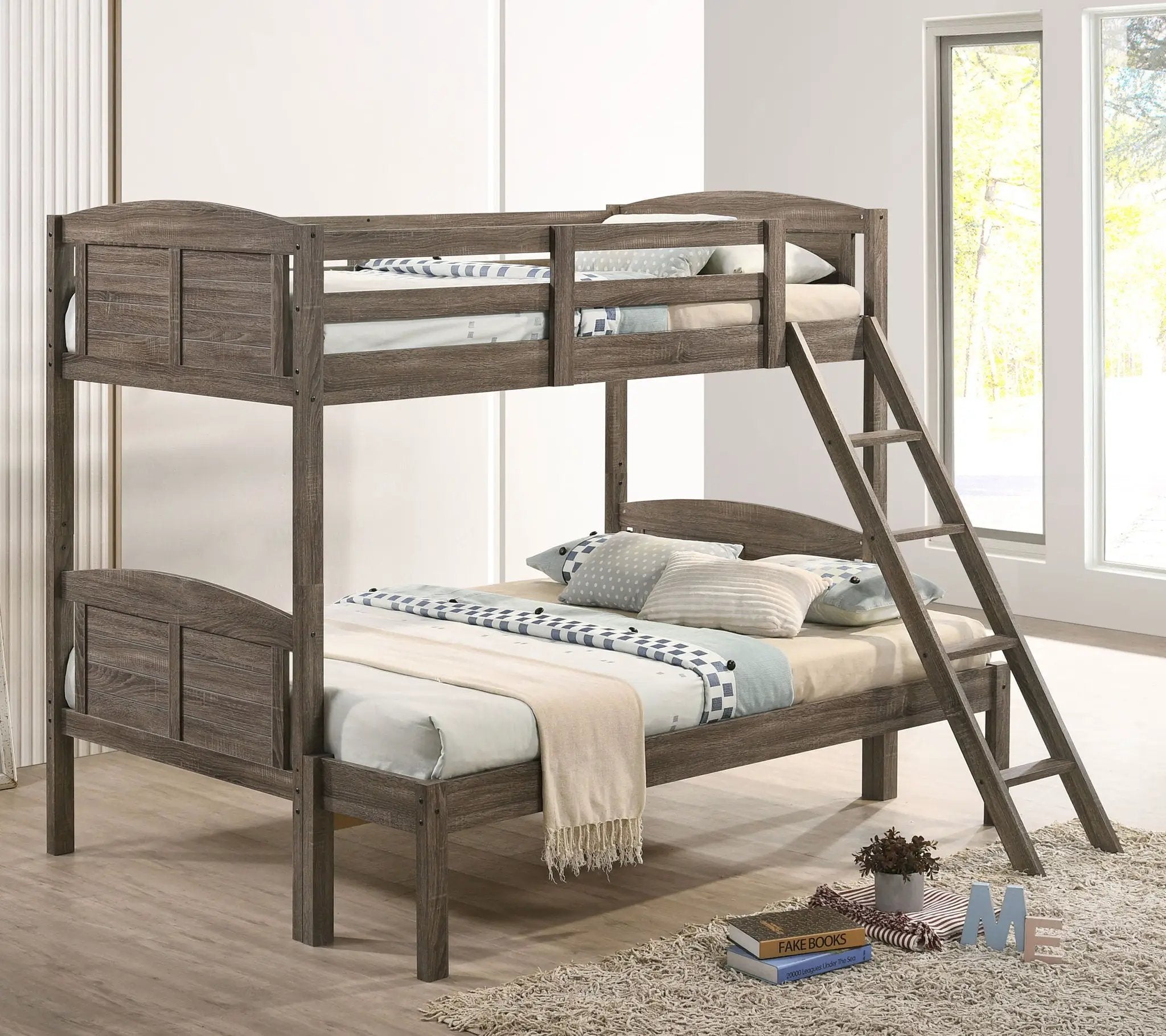 Flynn Wood Twin Over Full Bunk Bed Weathered Brown by Unique Piece Furniture