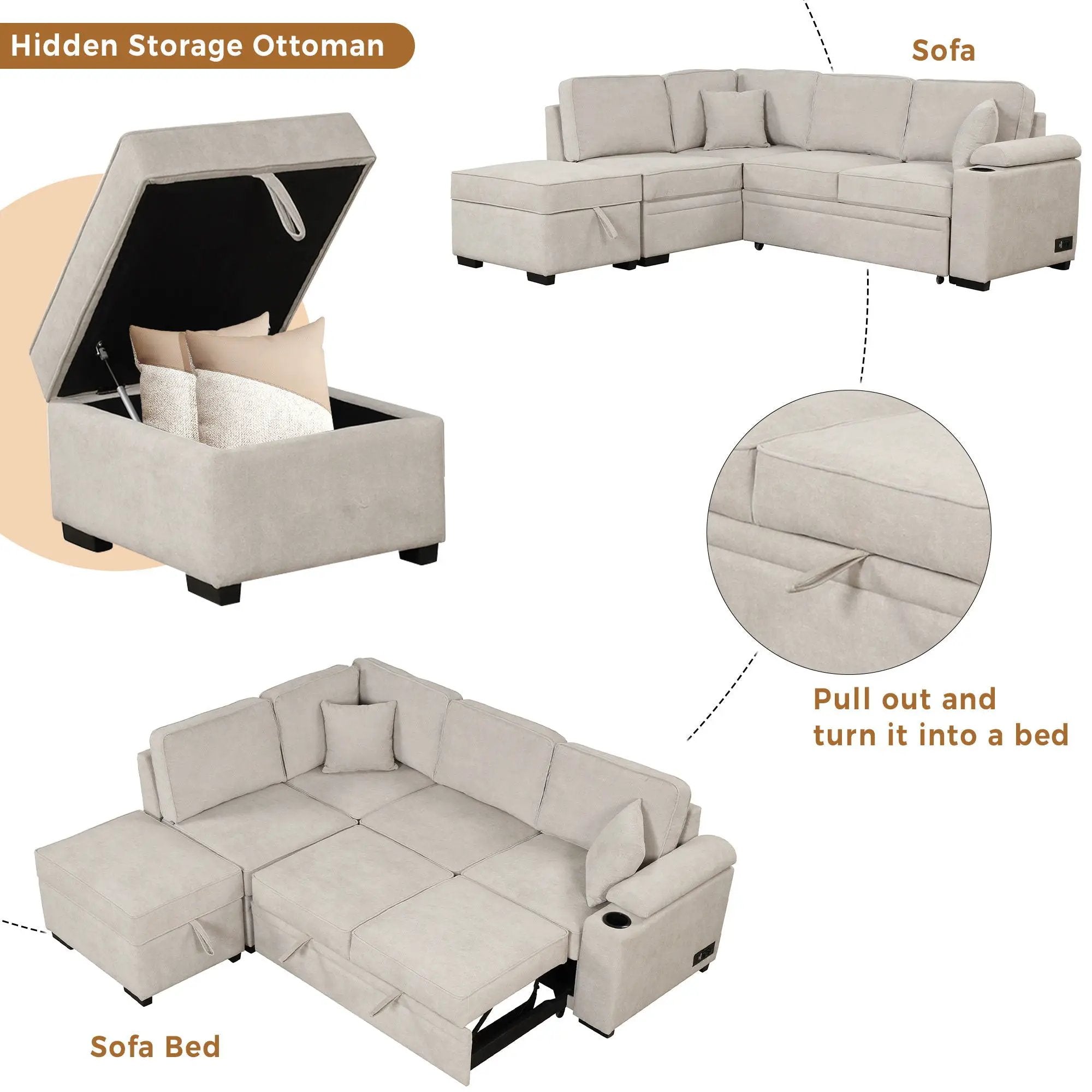 Sleeper Sofa Bed, 2 In 1 Pull Out Sofa Bed L Shape Couch With Storage Ottoman For Living Room, Bedroom Couch And Small Apartment by Unique Piece Furniture