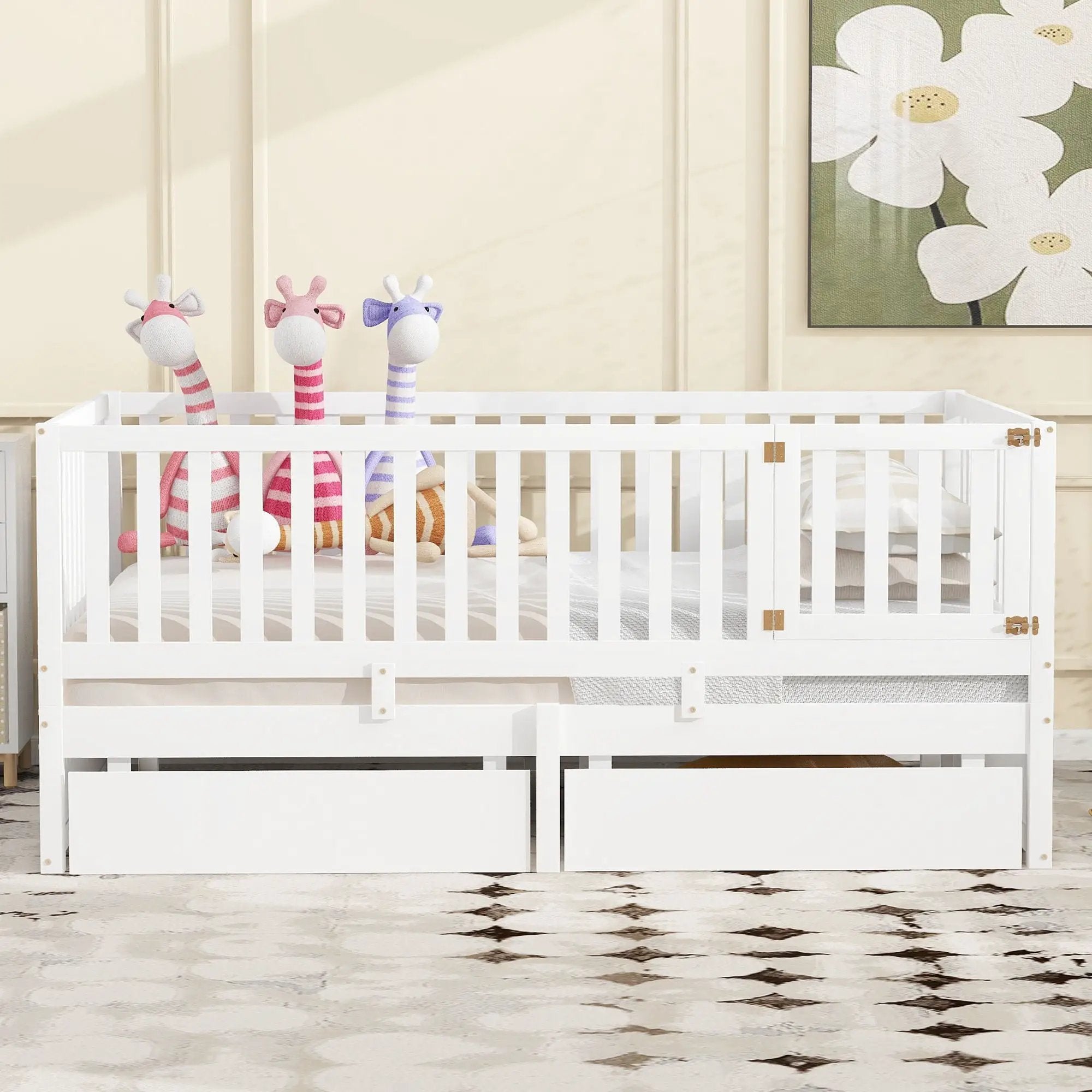 Daybed With Fence Guardrails And 2 Drawers, Split Into Independent Floor Bed & Daybed by HouseOfZazla