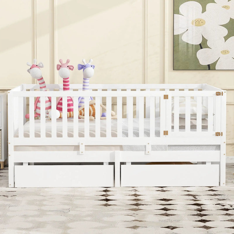 Daybed With Fence Guardrails And 2 Drawers, Split Into Independent Floor Bed & Daybed by HouseOfZazla