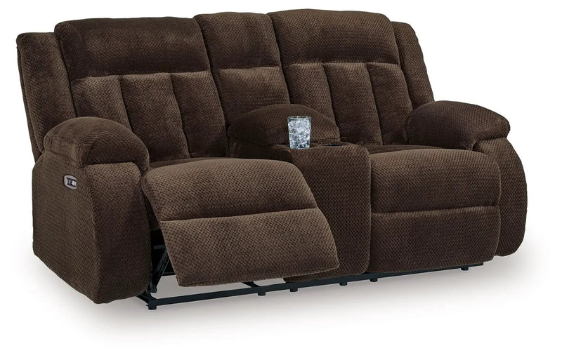Free Wake - Double Relcining Power Loveseat With Console - Chocolate by Unique Piece Furniture