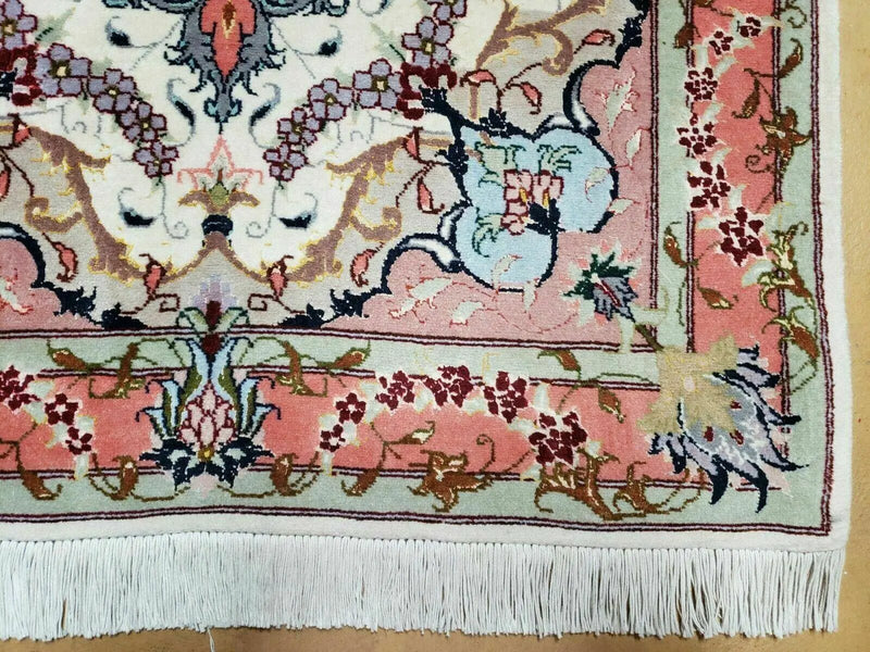 Small Vintage Persian Tabriz Wool and Silk Rug 2.5 x 4 ft, Very Finely Hand Knotted, Medallion, Ivory Salmon Light Blue, Top Quality, Pair A by Jewel Rugs