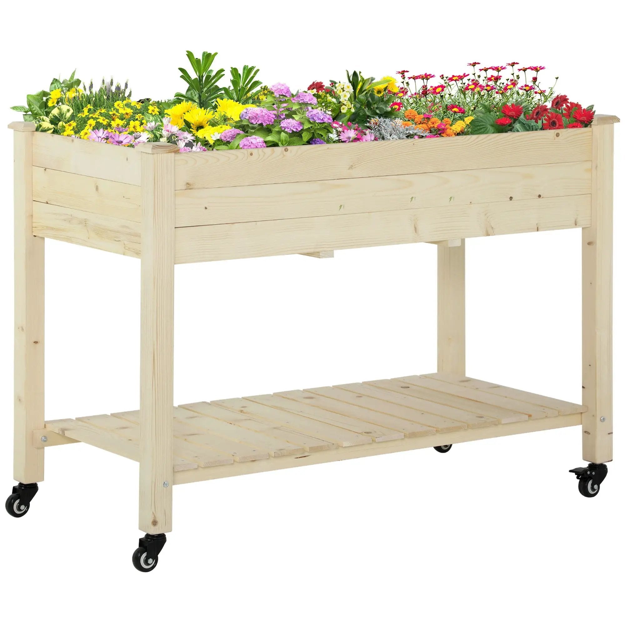 Outsunny - Raised Garden Bed, 47" x 22" x 33", Elevated Wooden Planter Box With Lockable Wheels, Storage Shelf, And Bed Liner For Backyard, Patio - Natural by Unique Piece Furniture