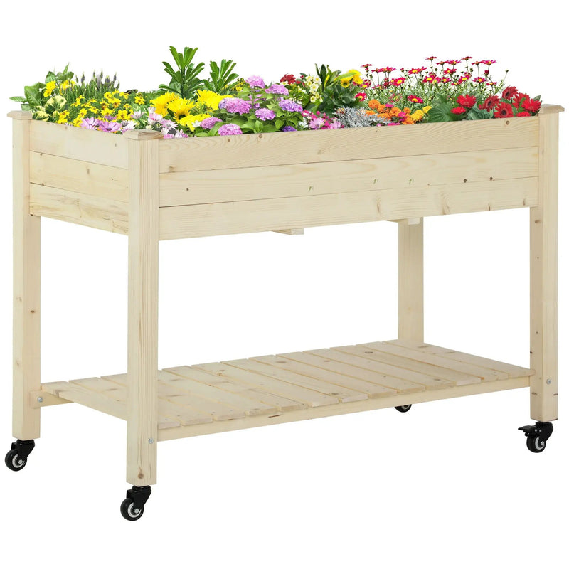 Outsunny - Raised Garden Bed, 47" x 22" x 33", Elevated Wooden Planter Box With Lockable Wheels, Storage Shelf, And Bed Liner For Backyard, Patio - Natural by Unique Piece Furniture