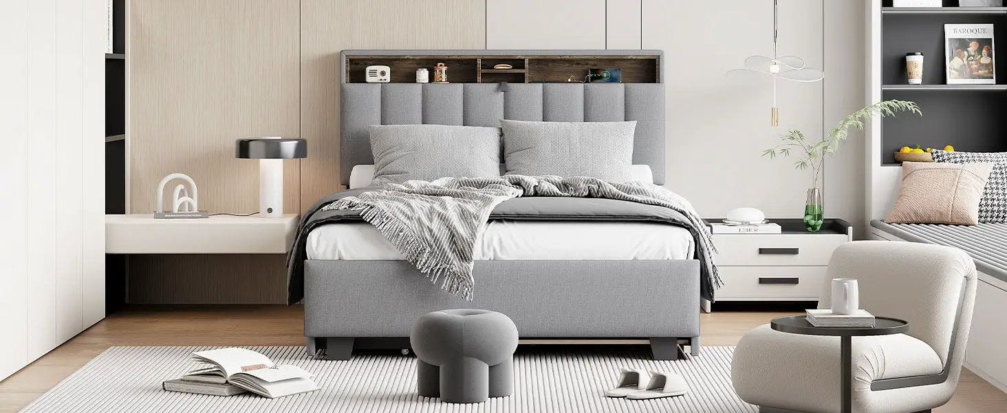 Upholstered Platform Bed With Storage Headboard, Trundle & 2 Drawers And A Set Of Sockets & USB Ports by HouseOfZazla