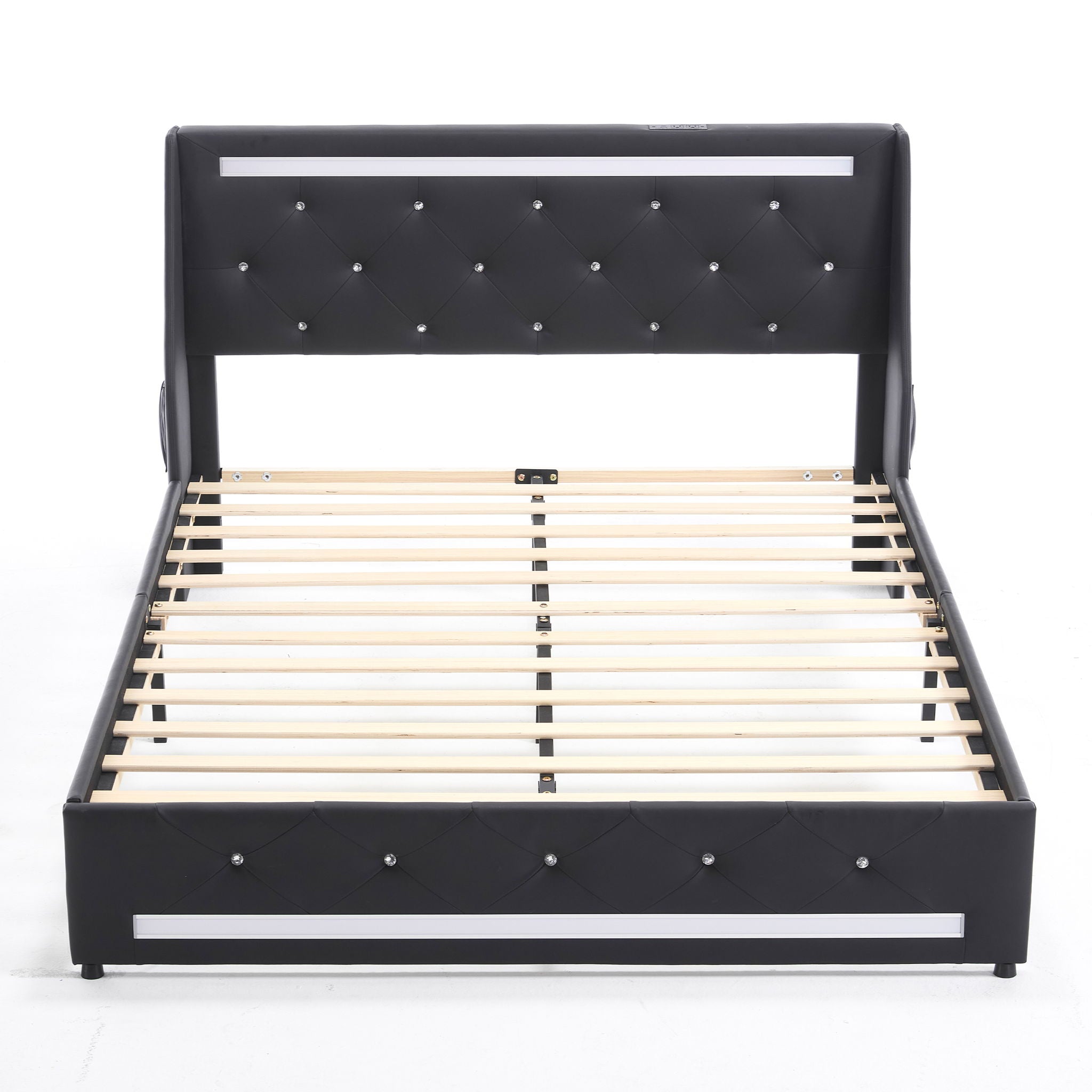 Wingback Upholstered Bed Frame With LED Lights, Charging Station by HouseOfZazla