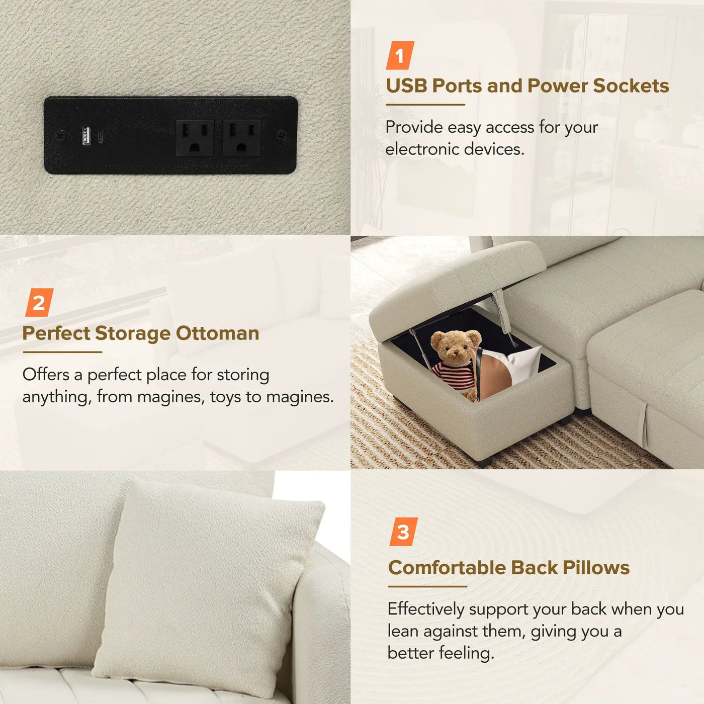 L-Shaped Sectional Pull Out Sofa Bed Sleeper Sofa With Two USB Ports, Two Power Sockets And A Movable Storage Ottoman by HouseOfZazla