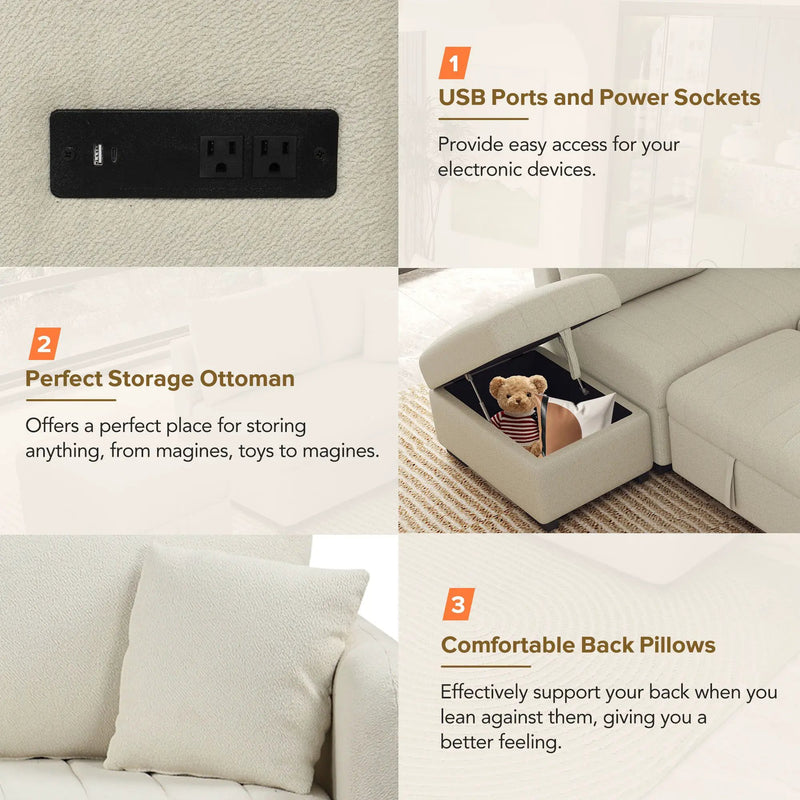 L-Shaped Sectional Pull Out Sofa Bed Sleeper Sofa With Two USB Ports, Two Power Sockets And A Movable Storage Ottoman by HouseOfZazla
