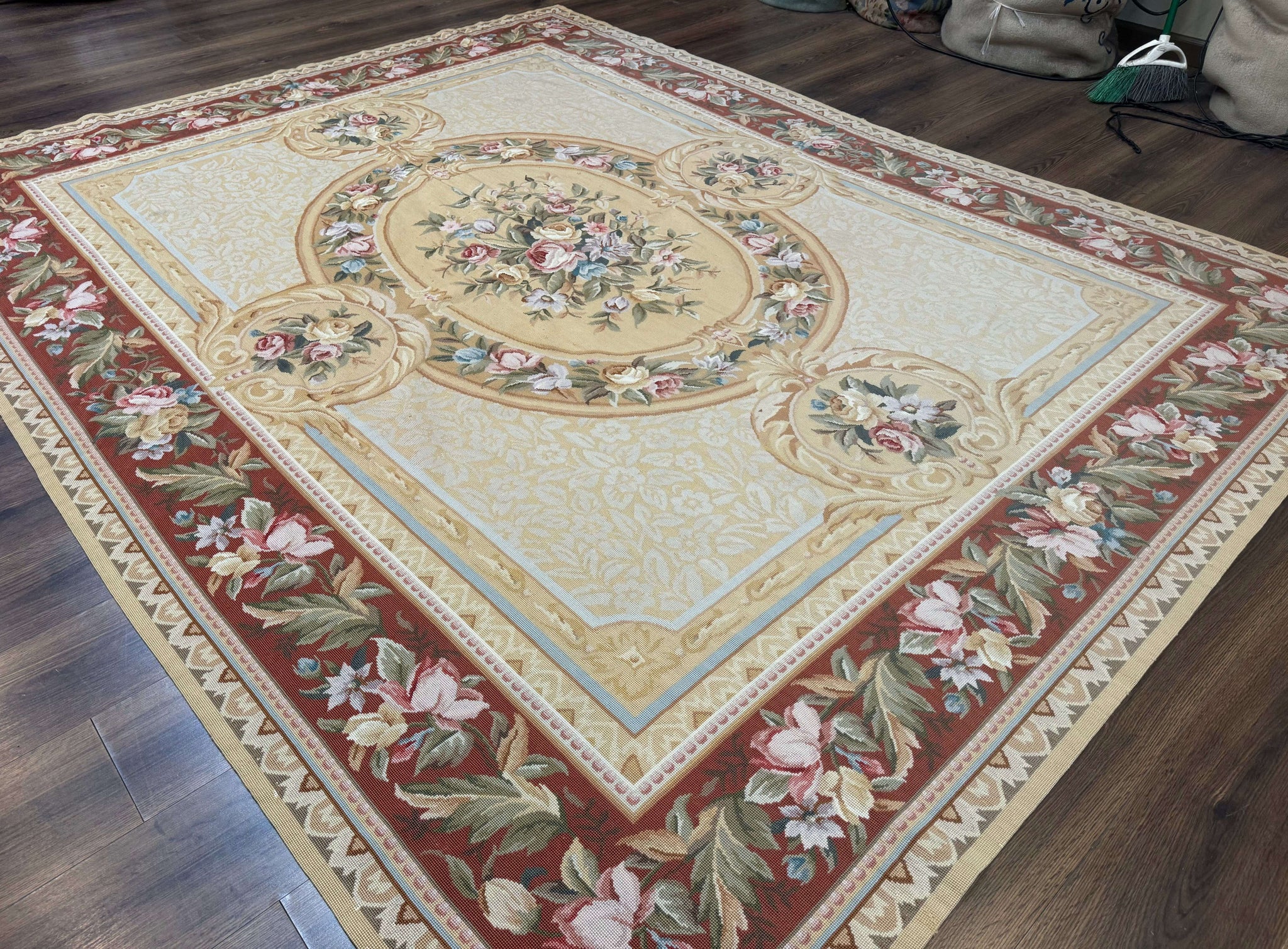 Needlepoint Rug 8x10, Aubusson Savonnerie European Carpet, Floral, Elegant by Jewel Rugs