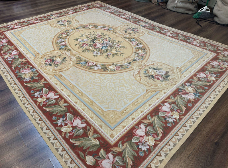 Needlepoint Rug 8x10, Aubusson Savonnerie European Carpet, Floral, Elegant by Jewel Rugs
