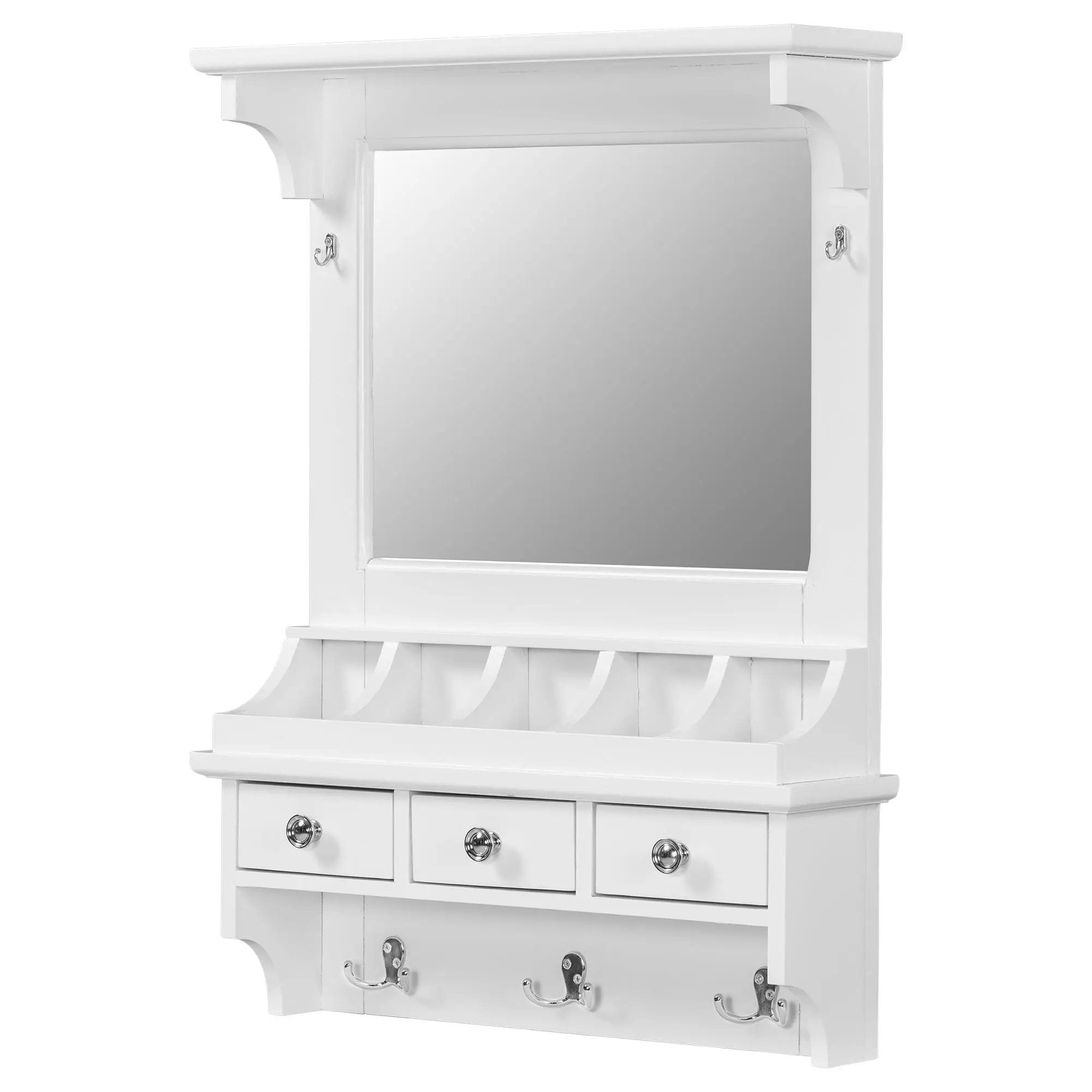 Floating Makeup Vanity With Big Mirror, Wall Mounted Storage Vanity With Drawers, Pockets & Hooks, Space Saving Decorative Home Organizer - White by HouseOfZazla