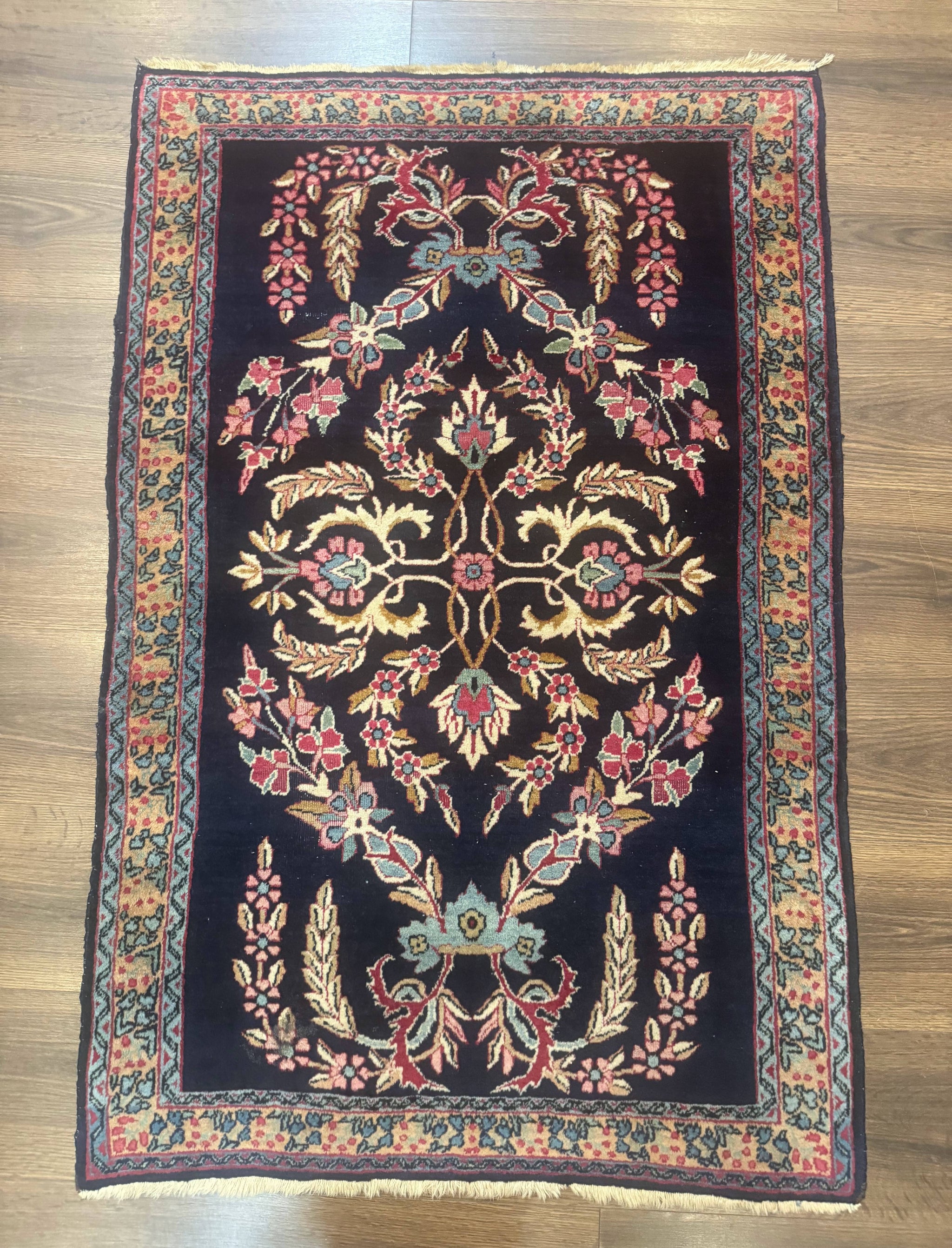 Antique Persian Kerman Rug 2.8 x 4, Navy Blue, Floral by Jewel Rugs