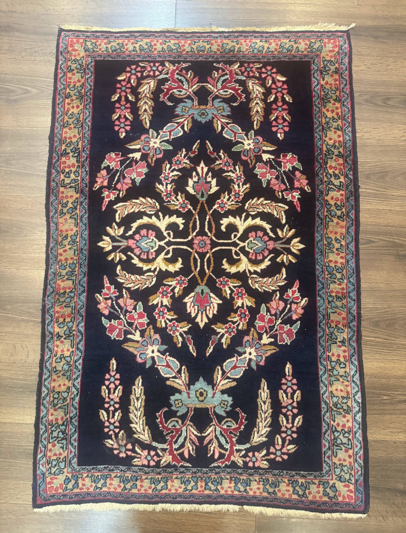 Antique Persian Kerman Rug 2.8 x 4, Navy Blue, Floral by Jewel Rugs