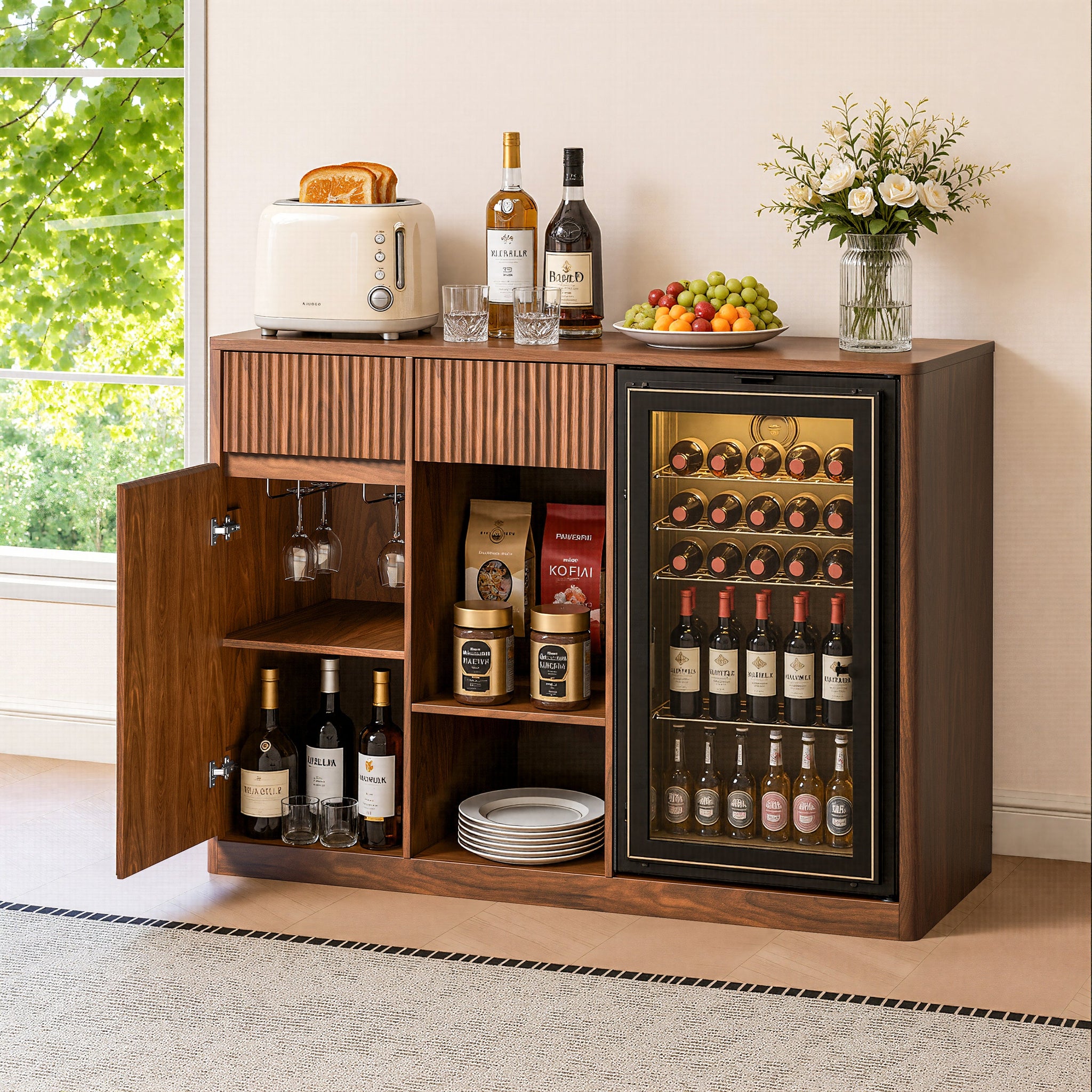 51" Fluted Bar Cabinet with Fridge Space and Wine Glass Rack by HouseOfZazla