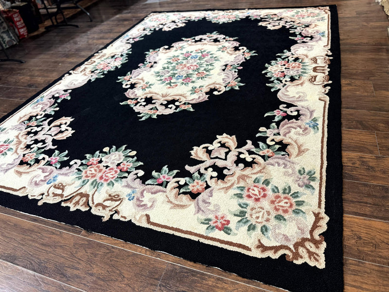Aubusson Rug 8x11, Black and Ivory, Hooked Rug, Vintage, Wool by Jewel Rugs