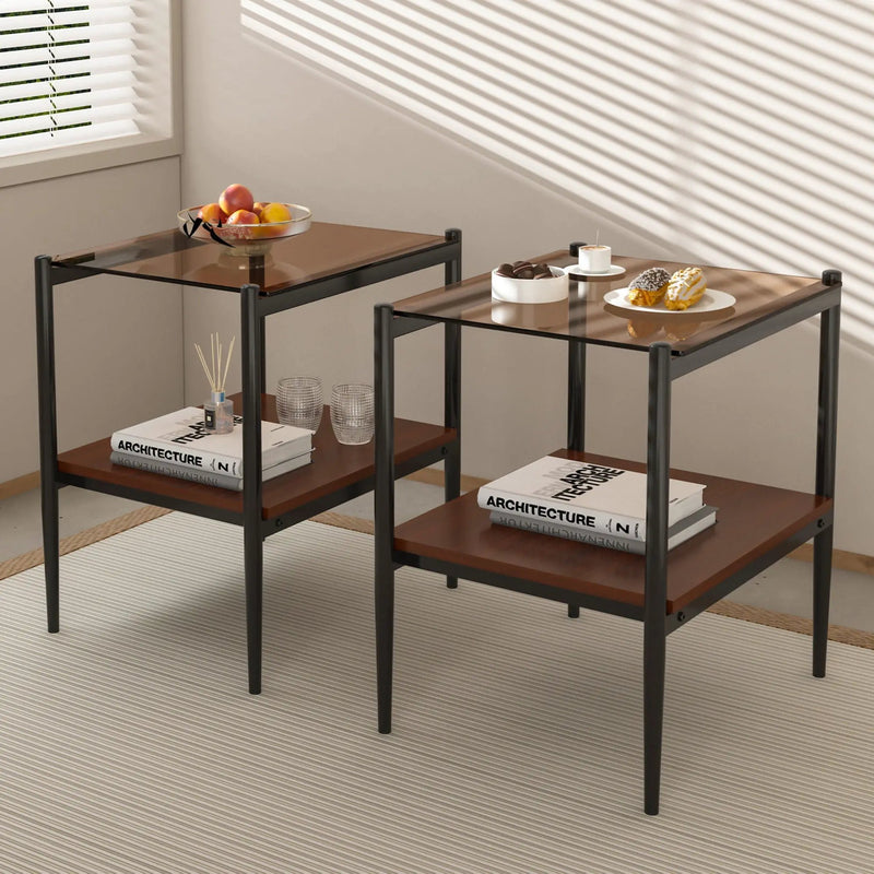 Modern Rectangle End Table (Set of 2) With Tempered Glass Tabletop And Layer - Brown by Unique Piece Furniture
