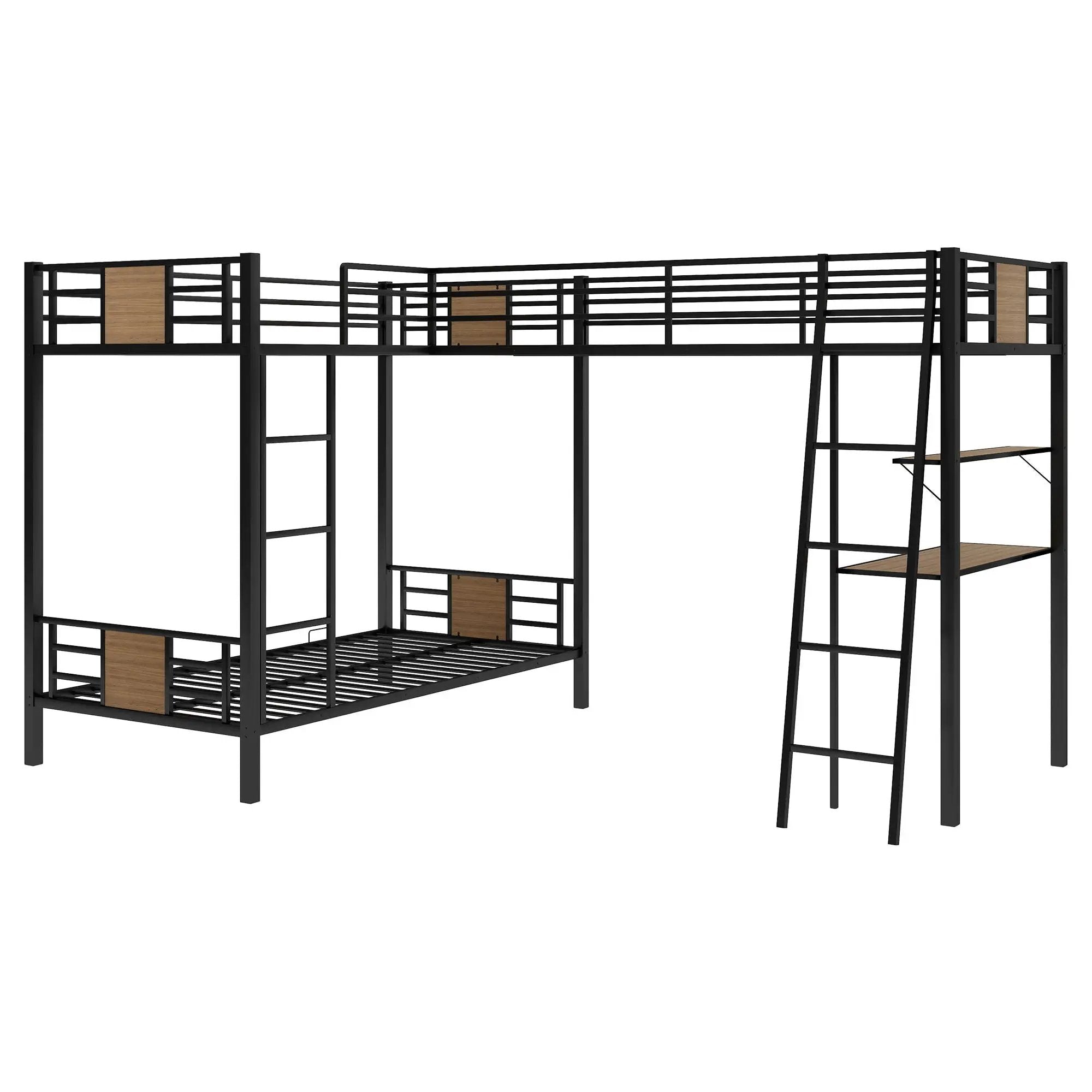 L-Shaped Twin Over Twin Bunk Bed With Twin Size Loft Bed With Desk And Shelf - Brown by HouseOfZazla