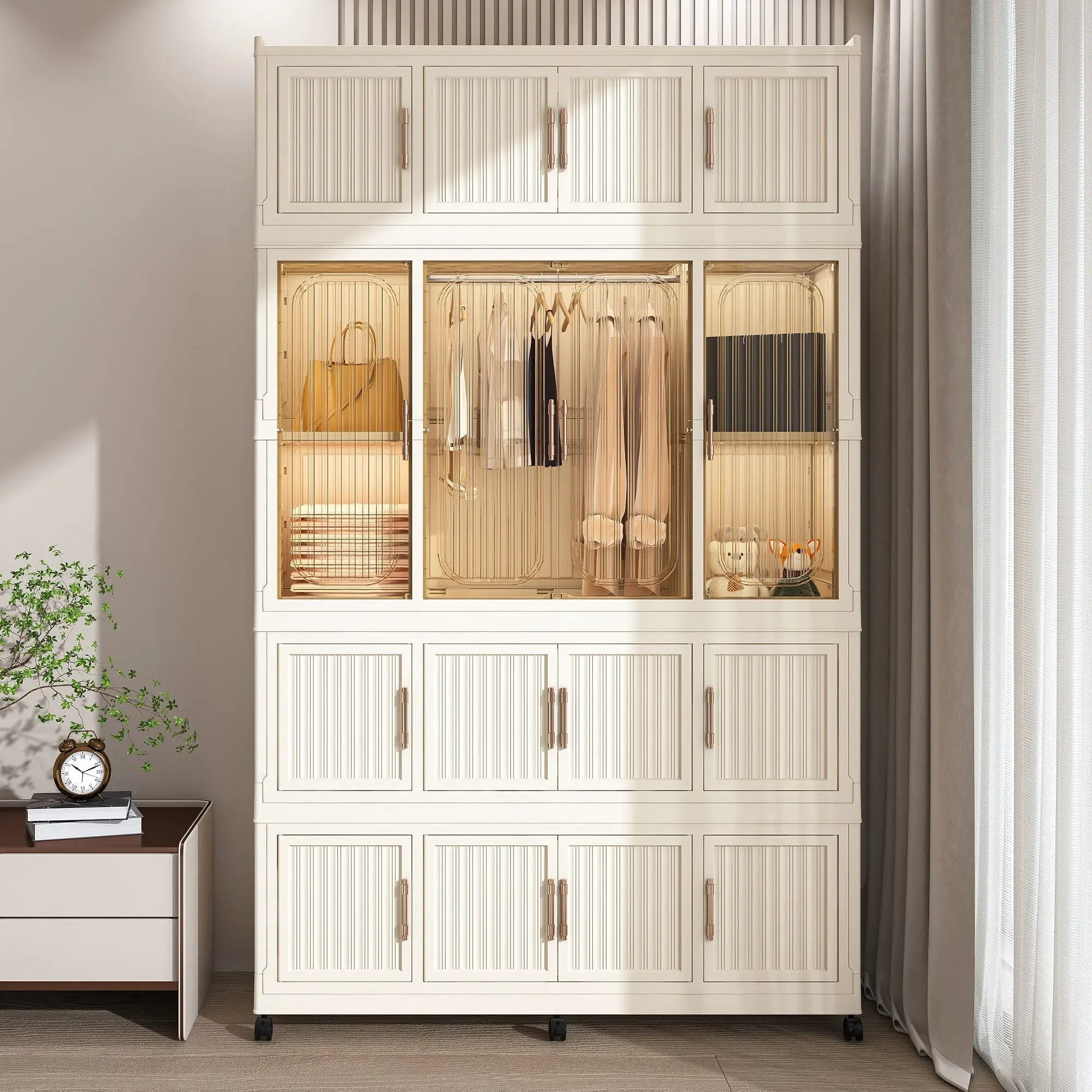 Portable Wardrobe Closet Storage Organizer With 17 Magnetic Doors, 17 Cubes, Hanging Rod & 6 Hangers - Creamy White by HouseOfZazla