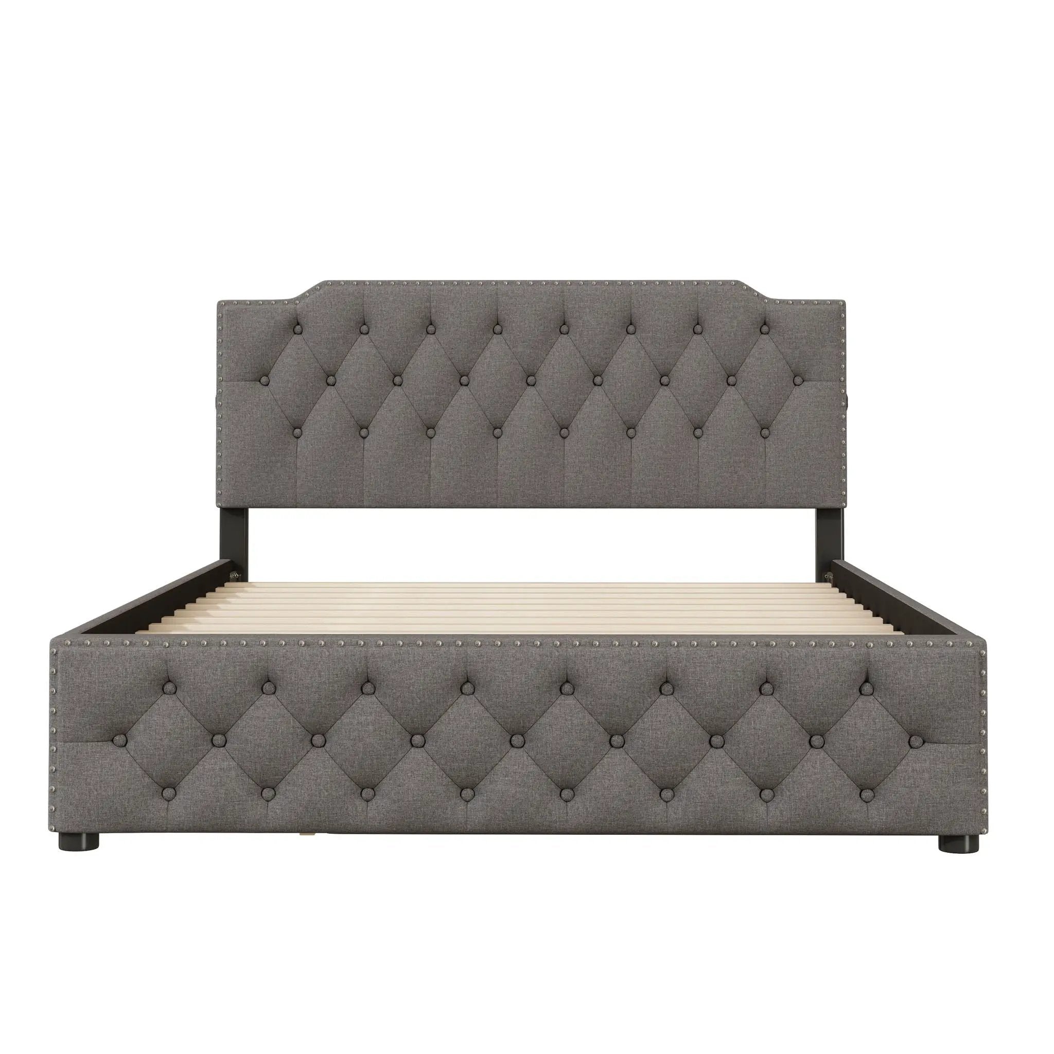Upholstered Platform Bed With Trundle And 2 Sets Of USB Ports On Each Side, Fabric by HouseOfZazla