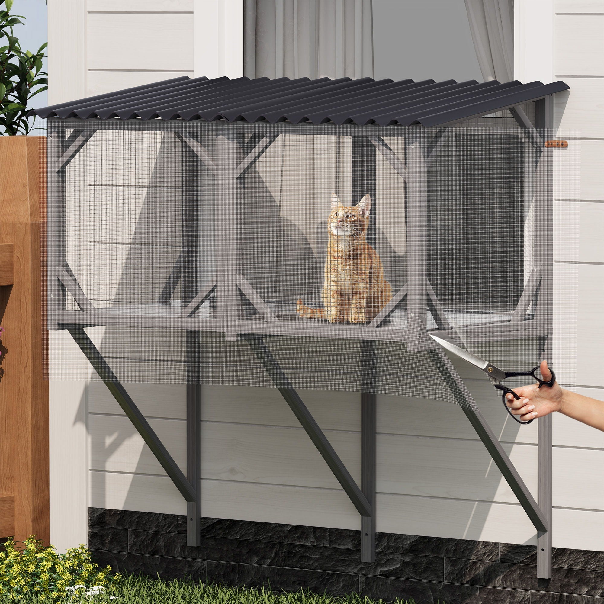 Premium Cat Window Box With Bug Proof Net For Large Indoor Cats Spruce Wood & Polyester - Antique Gray by HouseOfZazla