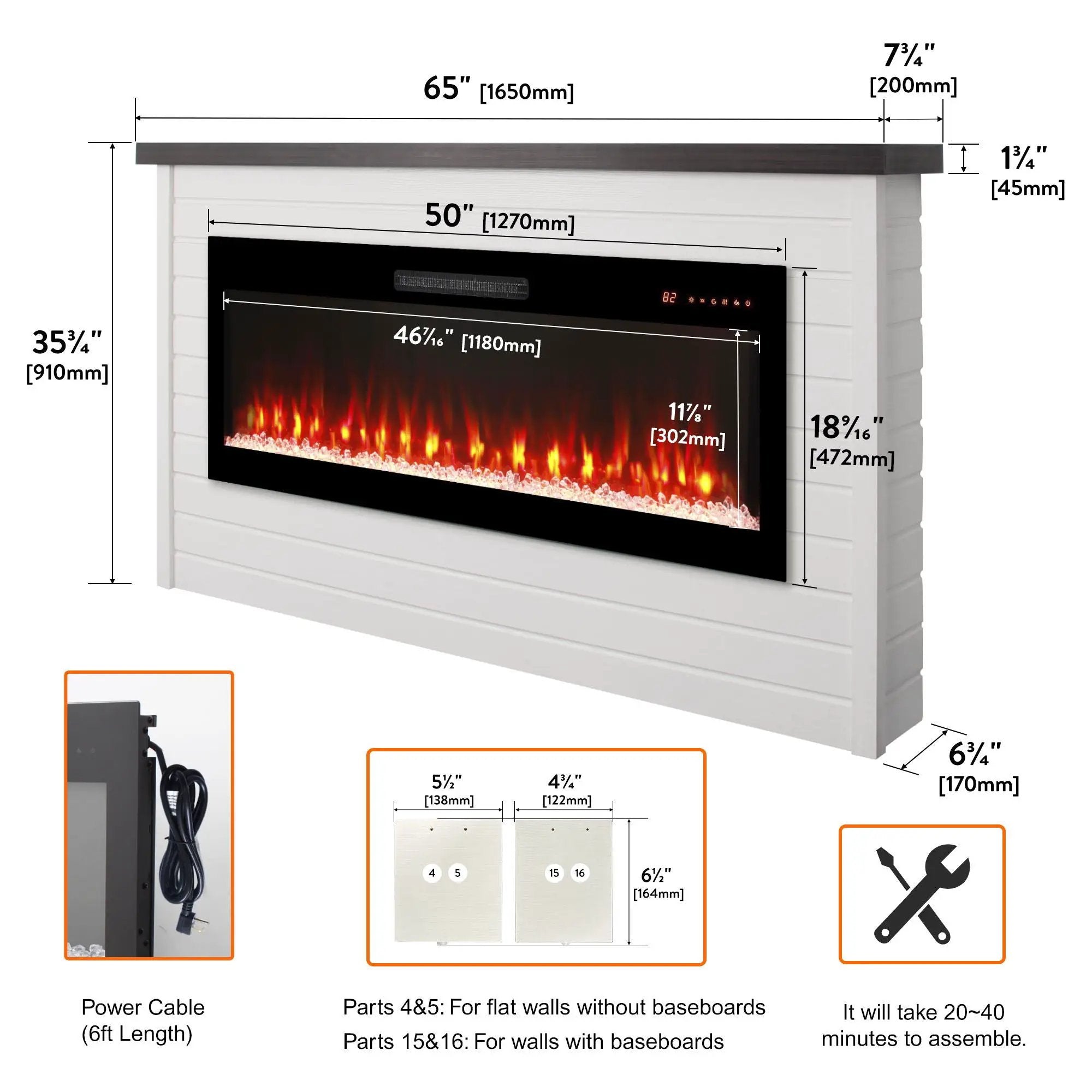 65" Electric Fireplace With Wall Mantel, 50" Fireplace Insert Heater, Remote Control, Timer For Living Room - Antique White by HouseOfZazla
