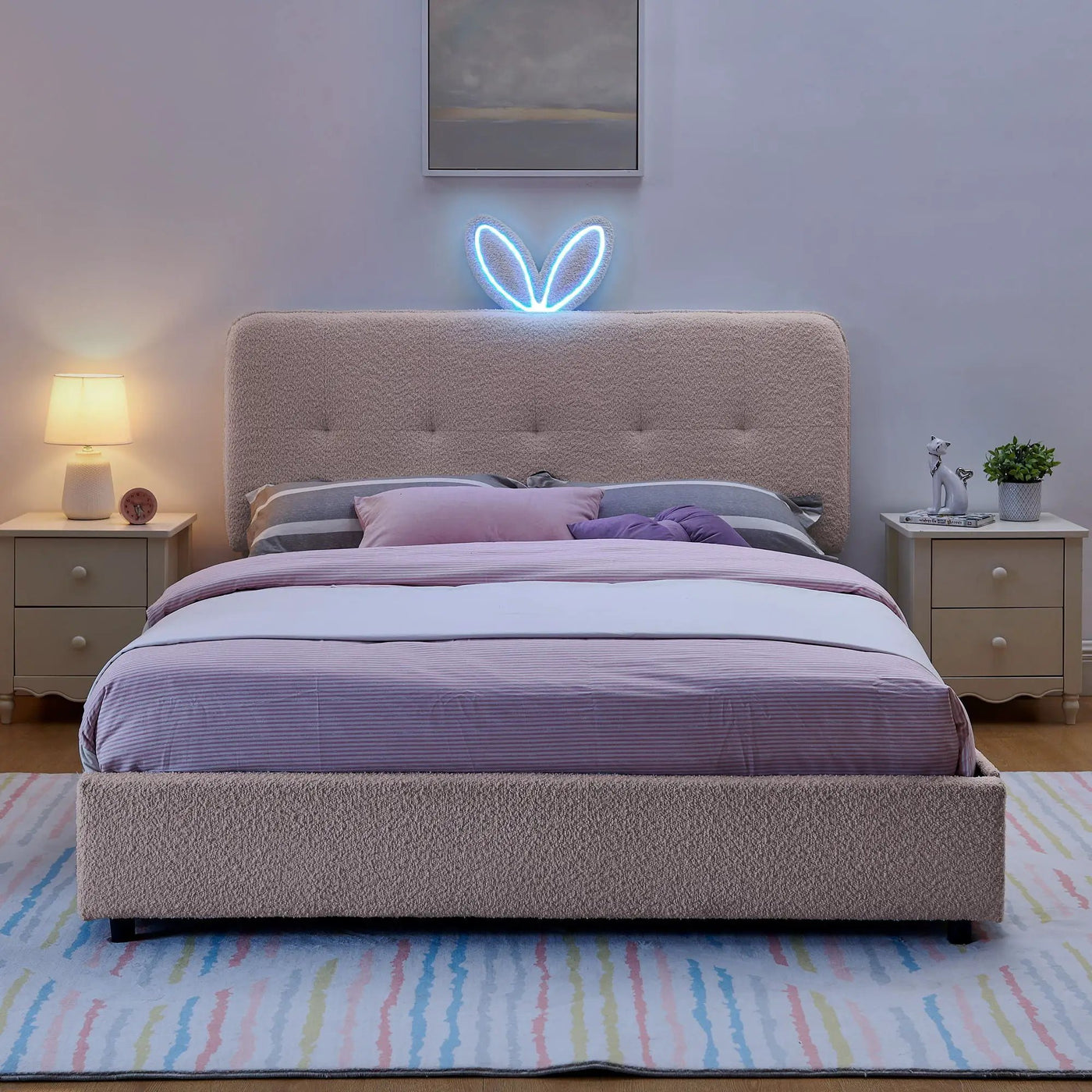 Upholstered Bed With Oversized Rabbit Ear Headboard, LED Lights & 4 Storage Drawers by Unique Piece Furniture