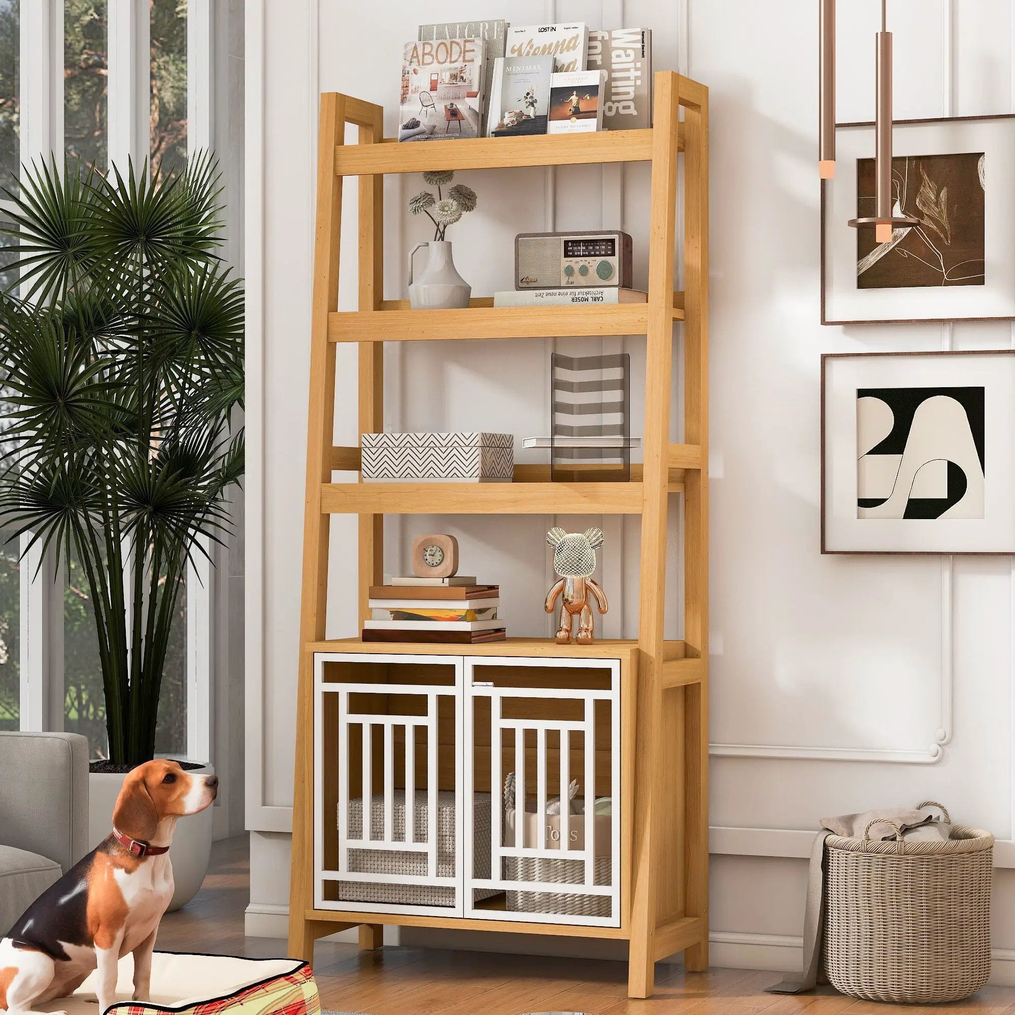 Modern Furniture Style 2 In 1 Pet Friendly Dog Crate Ladder Bookcase - Ancient Oak by Unique Piece Furniture
