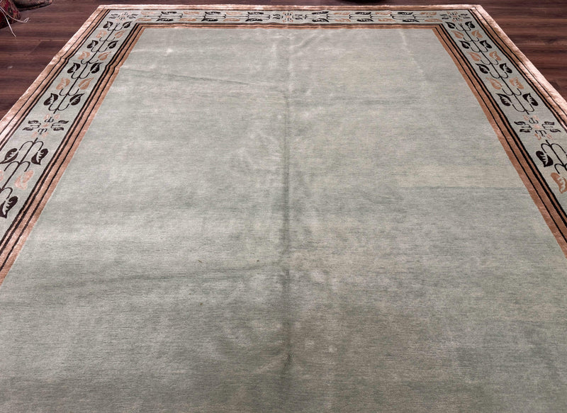 Palace Size Nepali Rug 9x18, Open Field, Light Mint Green, Wool Hand Knotted, Modern Contemporary by Jewel Rugs