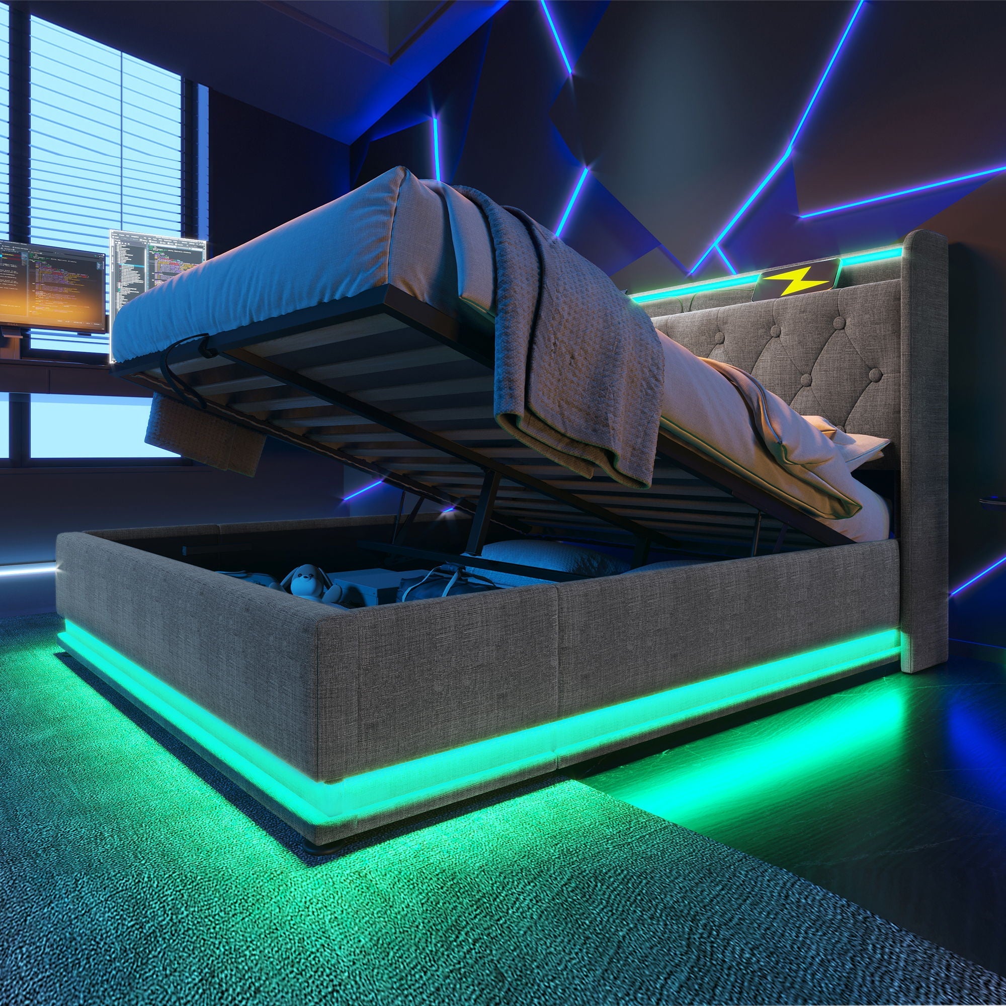 Upholstered Bed, 360 Surround LED Function, Remote Control, Hydraulic Storage Bed With USB, Type-C Charging (Without Mattress) by HouseOfZazla