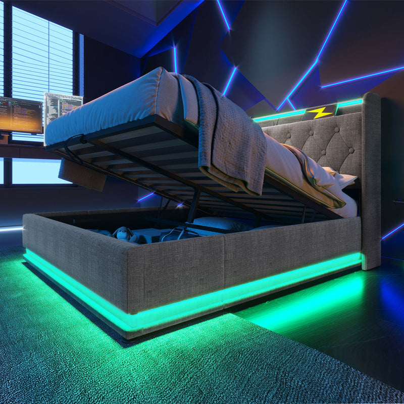 Upholstered Bed, 360 Surround LED Function, Remote Control, Hydraulic Storage Bed With USB, Type-C Charging (Without Mattress) by HouseOfZazla