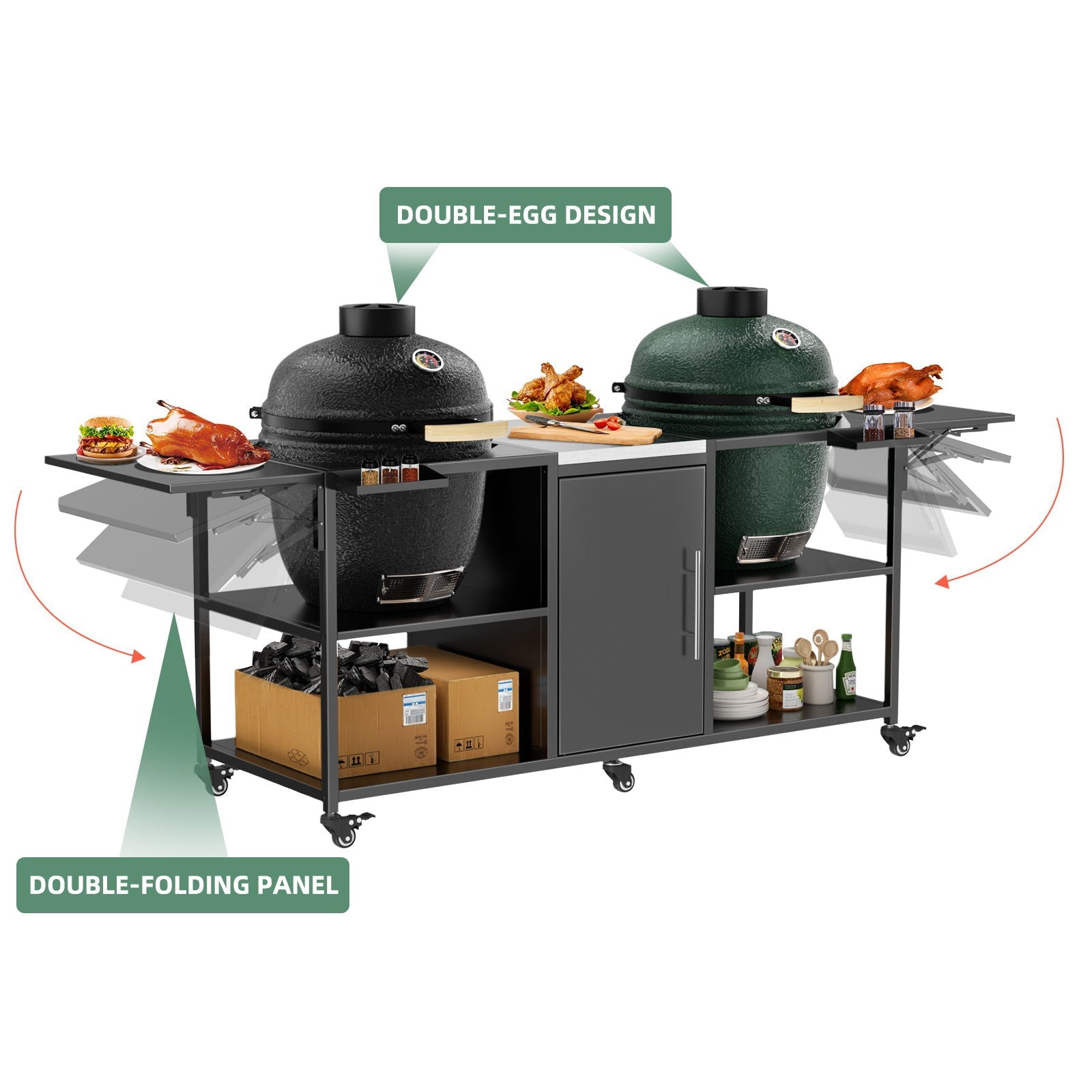 Outdoor Grill Cart For 2 Big Egg - Black / Silver by HouseOfZazla