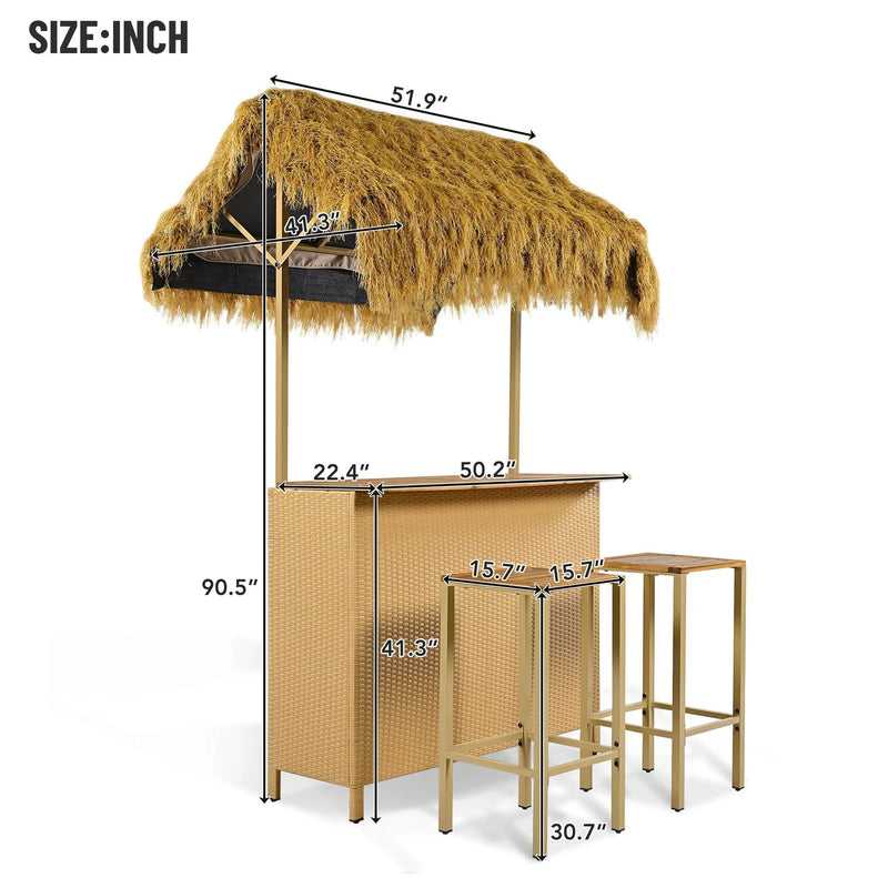 Hawaiian-Style Bar Height Patio Set With PE Grass Canopy, Outdoor Bar Table And Stools With Adjustable Feet, Acacia Wood Top, For Dining And Drinking - Natural by Unique Piece Furniture