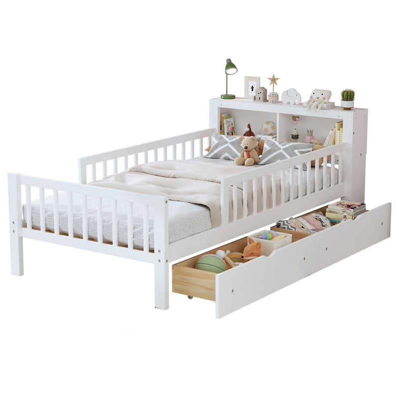 Bed With Headboard Storage Rack, 2 Under Bed Drawers, 3 Side Guardrails For Safety by HouseOfZazla