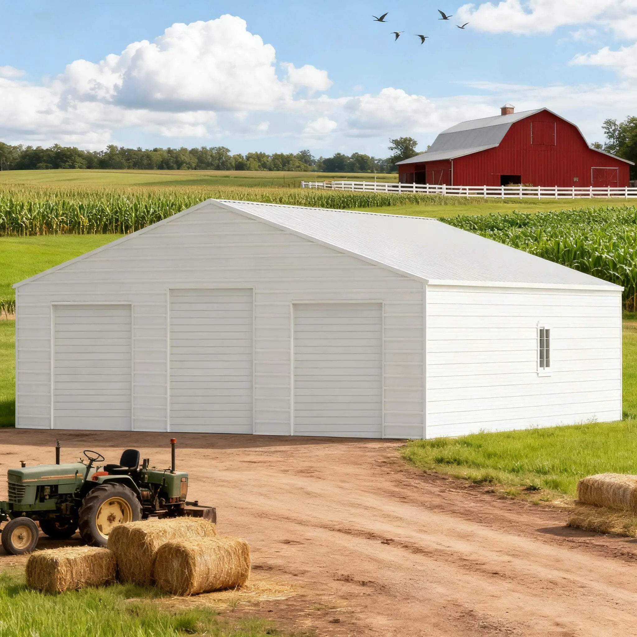 [39X39FT] Extra-Large Heavy-Duty Galvanized Steel Barn Building Shed With 3 Rolling Door Garages (SAK10234) by SAKSBY WHOLESALE