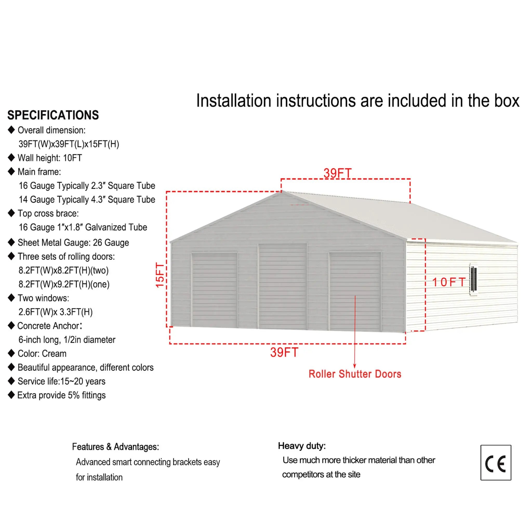 [39X39FT] Extra-Large Heavy-Duty Galvanized Steel Barn Building Shed With 3 Rolling Door Garages (SAK10234) by SAKSBY WHOLESALE