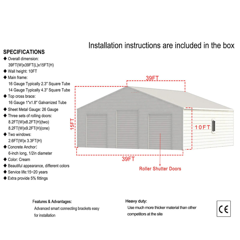 [39X39FT] Extra-Large Heavy-Duty Galvanized Steel Barn Building Shed With 3 Rolling Door Garages (SAK10234) by SAKSBY WHOLESALE