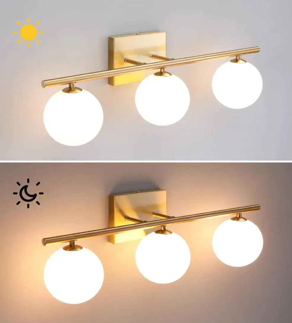 Gold Bathroom Vanity Light Fixtures,3 Lights Brass Milk White Globe by Selzalot