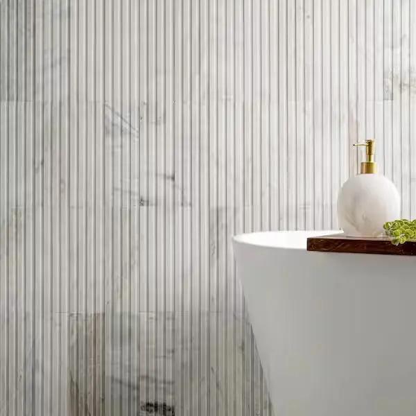 Open Box MSI Arabescato Venato White 4 in. x 12 in. Fluted Honed Marble Mosaic Wall Tile (4.95 sq. ft./Case) by Selzalot