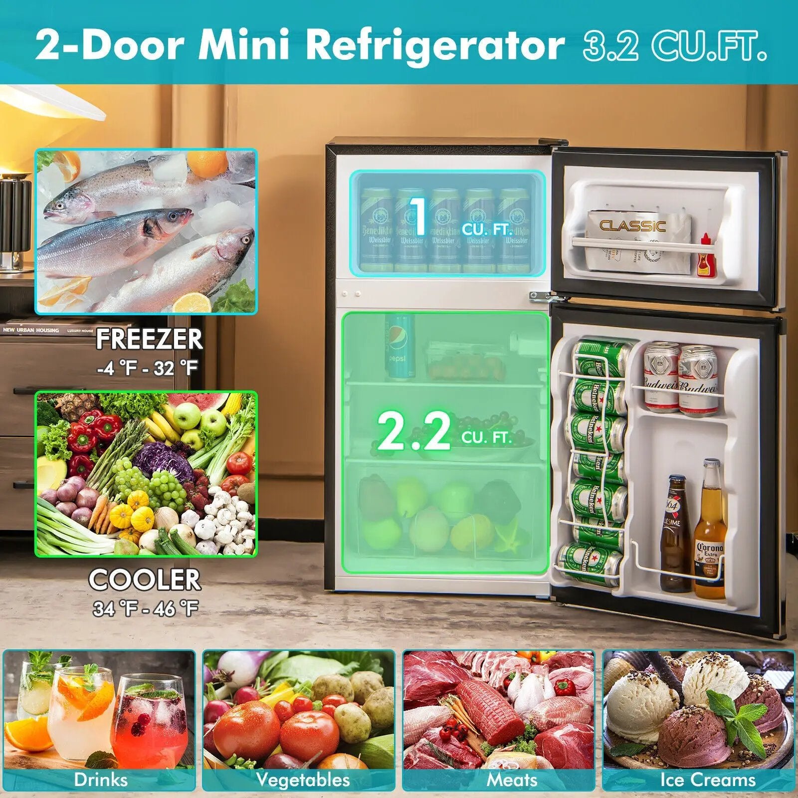 3.2 Cu. Ft Compact Mini Fridge with 5 Temperature Settings by DirectDeals