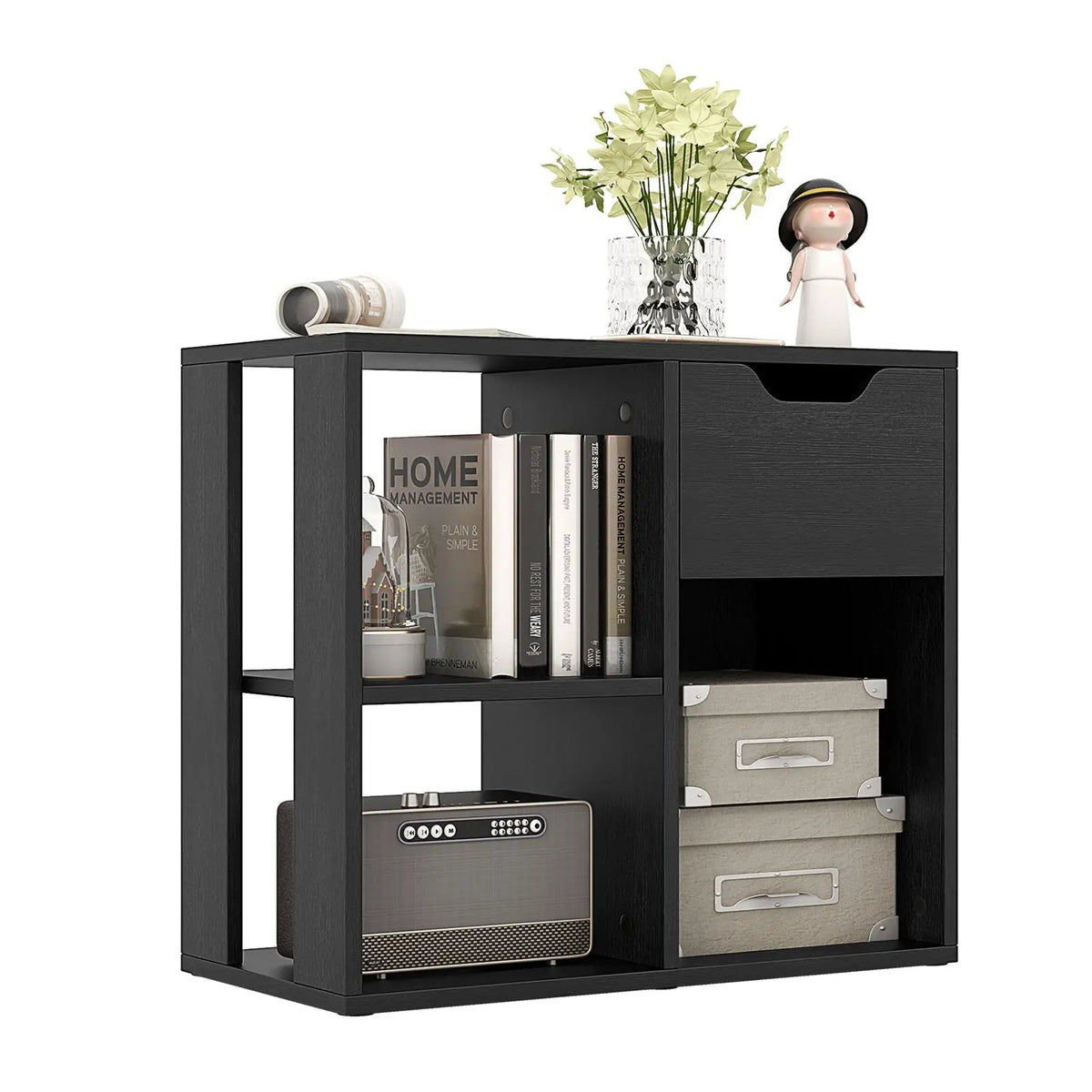 3-Cube Bookcase 2-tier Wooden Storage Shelf with Pull-out Drawer-Brown, photo 10 of 11