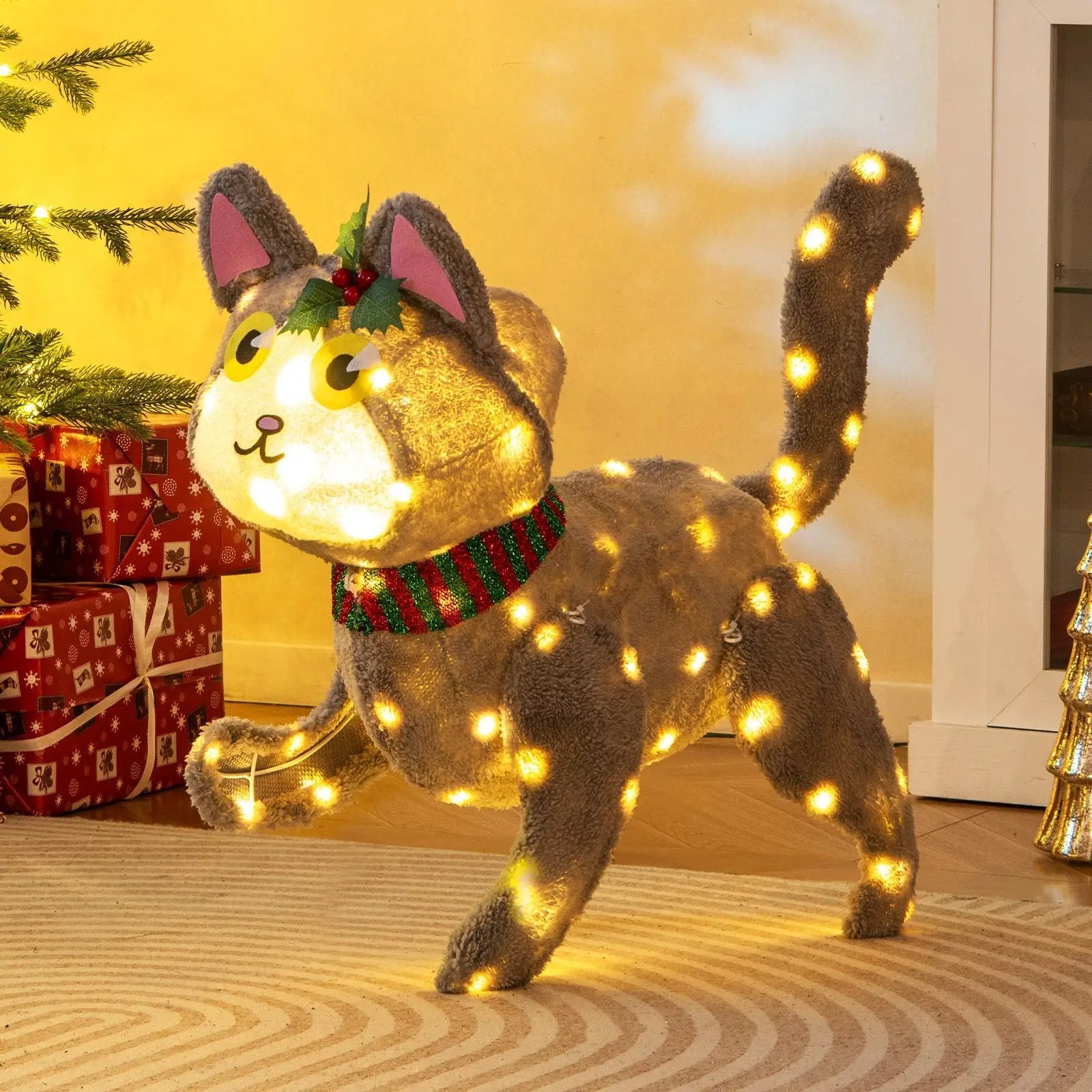Pre-lit 88 LED Light Up 3D Cute Cat with Warm White Light and Plug by DirectDeals