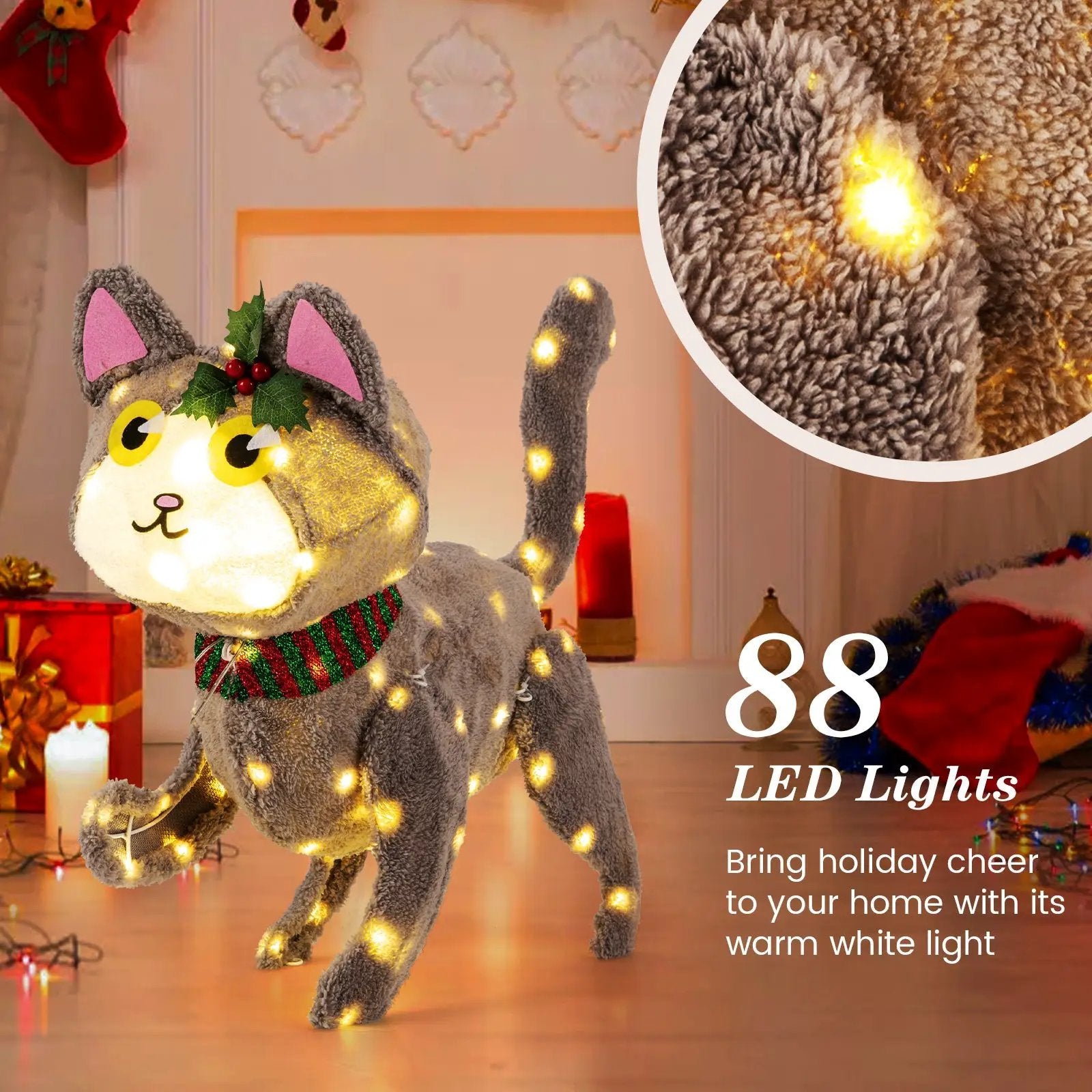 Pre-lit 88 LED Light Up 3D Cute Cat with Warm White Light and Plug by DirectDeals