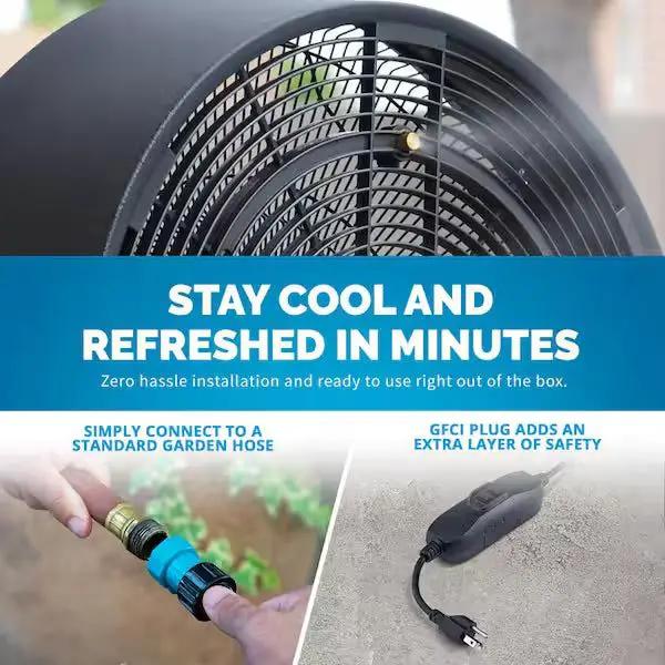 Open Box Newair 18 in. 3-Speed Wide-Angle Oscillating Outdoor Misting Fan and Pedestal Fan for Cool Down 500 sq. ft. - Black by Selzalot